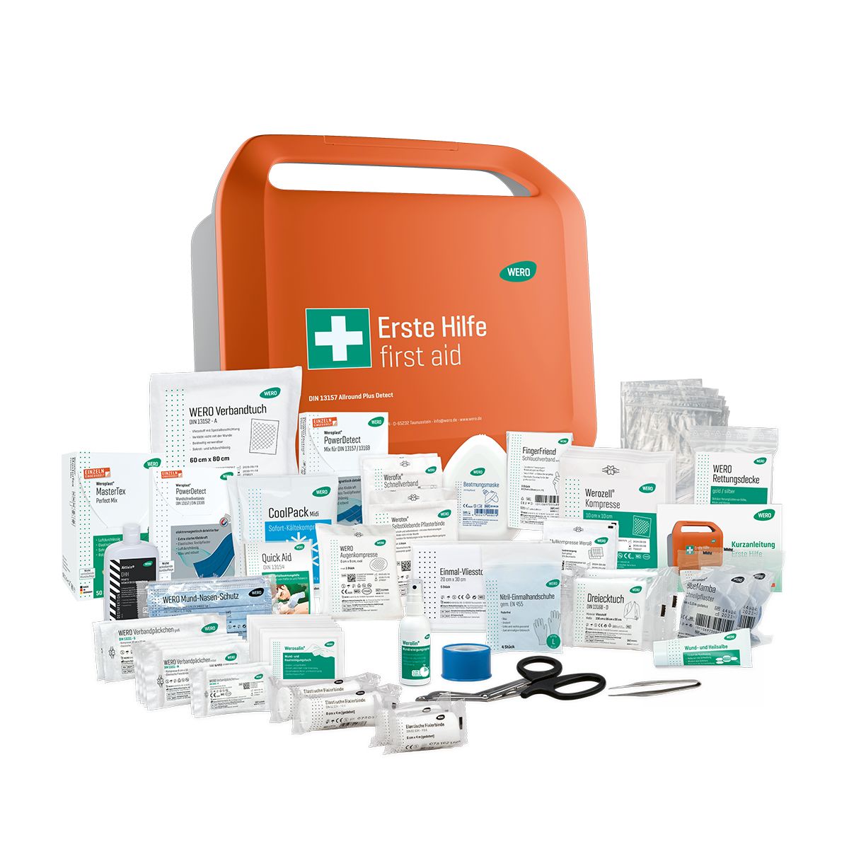 Geöffnete Erste-Hilfe-Koffer mit Inhalt. Verbandsmaterial, Pflaster, Schere, Pinzette und weitere medizinische Artikel.