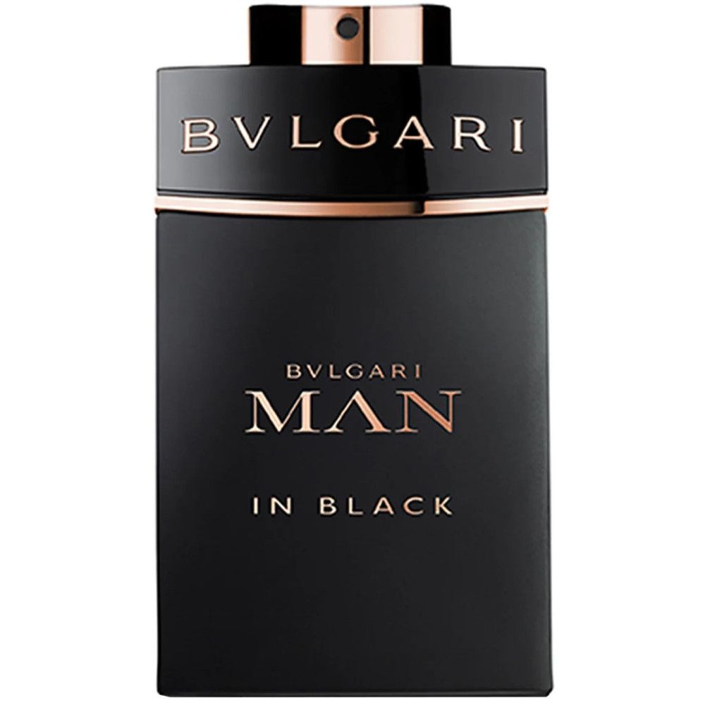 Schwarzer Bvlgari Man In Black Herrenduft Flakon mit goldenen Akzenten.