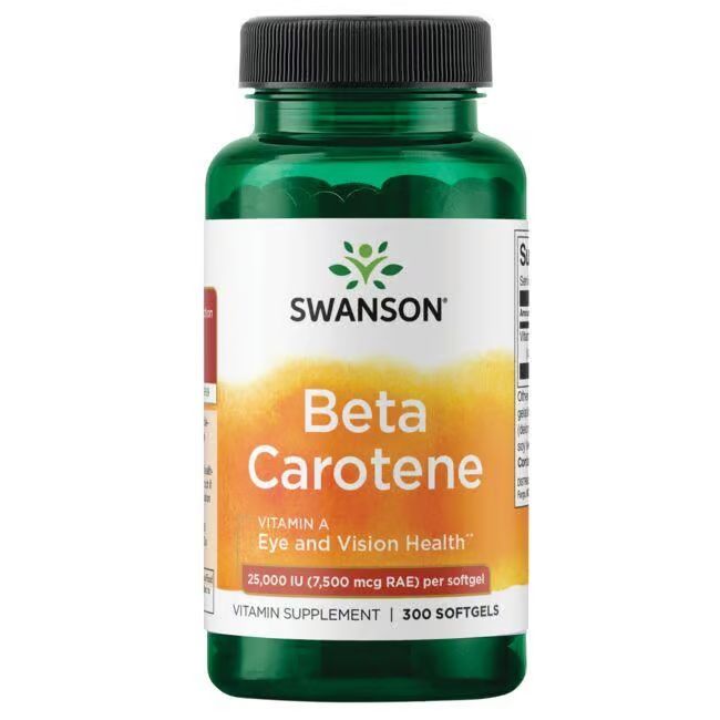 Grüne Flasche mit schwarzem Deckel. Etikett mit "SWANSON", "Beta Carotene", "Vitamin A" und "300 Softgels".