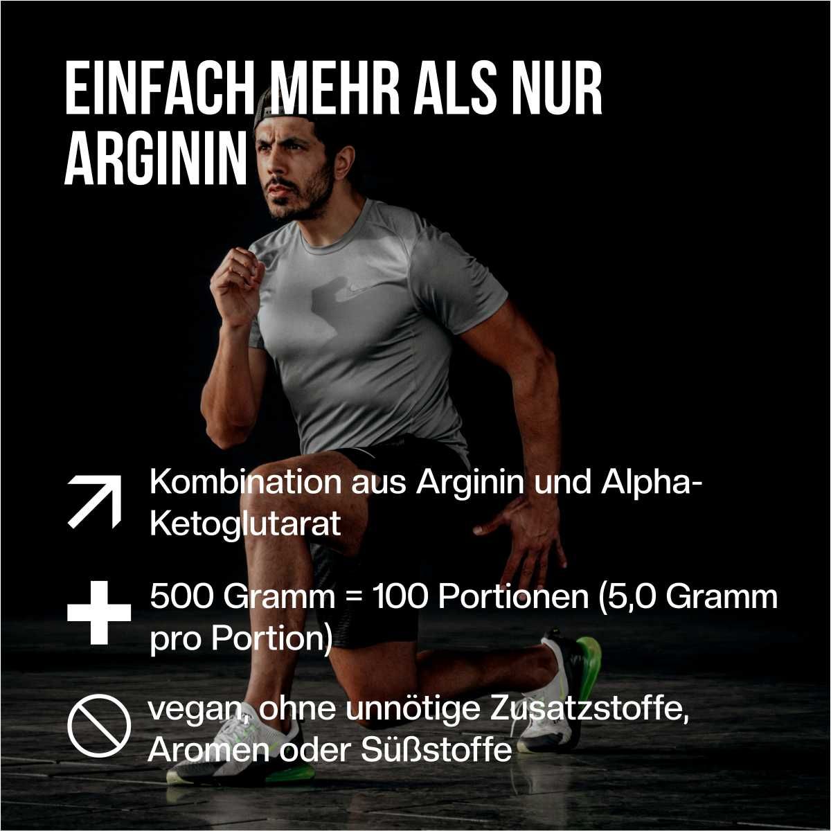 Mann in Sportkleidung, mit Text über Arginin-Alpha-Ketoglutarat, 500g, 100 Portionen, vegan, ohne Zusätze.