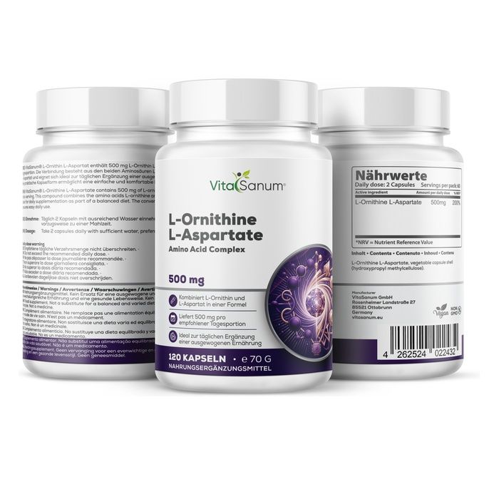 VitaSanum L-Ornithin L-Aspartat Kapseln: Drei Behälter, 120 Kapseln pro Behälter, 500 mg pro Kapsel.