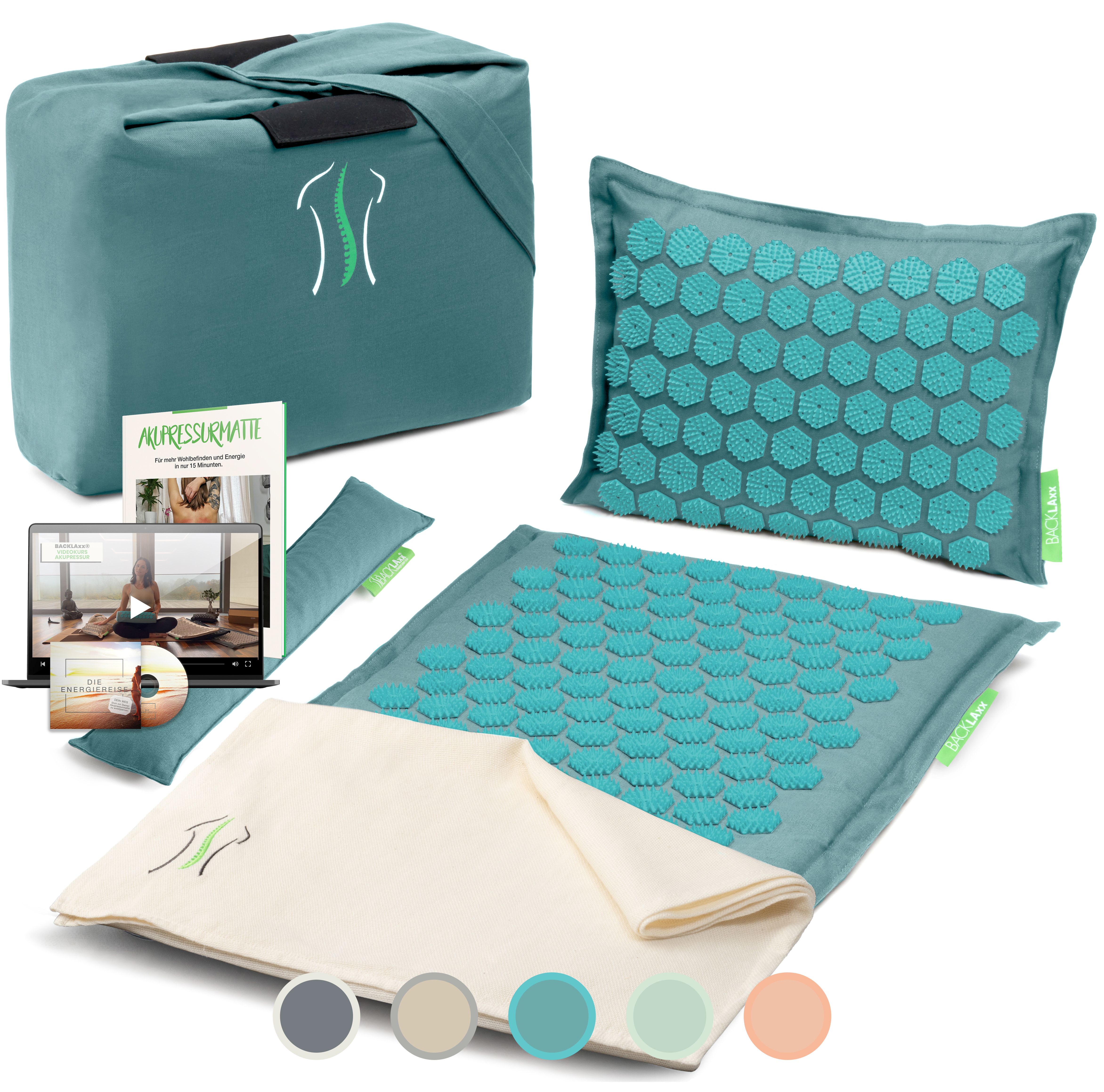 BACKLAxx Akupressurmatten Set. Tasche, Kissen, Matte, Baumwolltuch, DVD, E-Book. Verschiedene Farben.