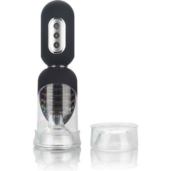 Vakuumpumpe mit schwarzem Griff, transparentem Zylinder und abnehmbarem Ring. Ein weiteres transparentes Teil liegt daneben.