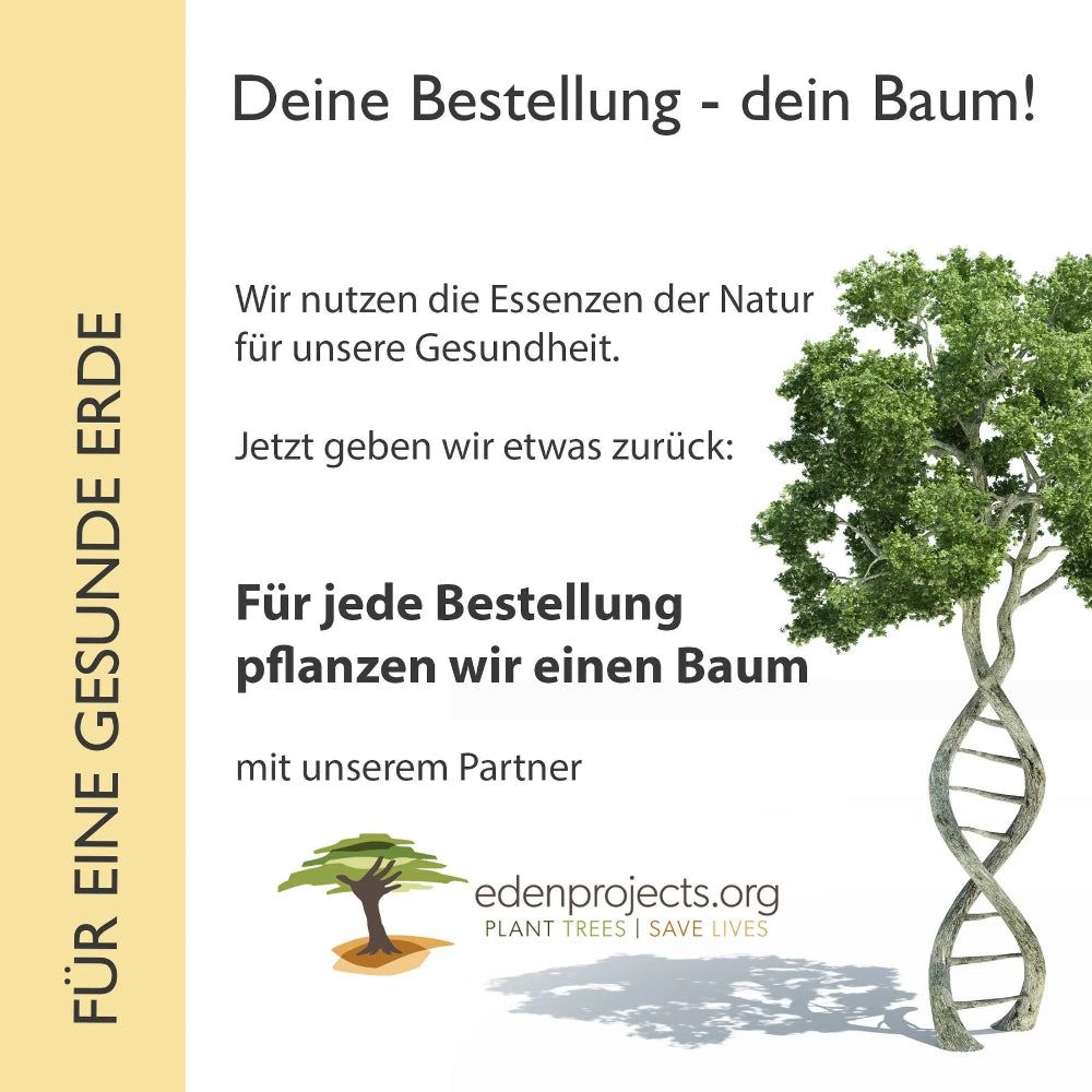 Baum mit DNA-Strang. Text: Für eine gesunde Erde. Für jede Bestellung pflanzen wir einen Baum.
