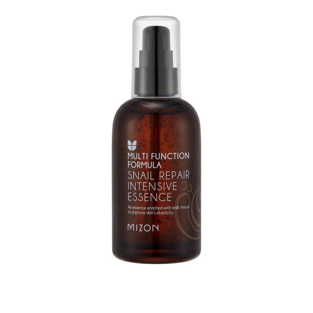 Braune Flasche mit schwarzem Pumpverschluss. Aufschrift: Snail Repair Intensive Essence. Marke: MIZON.