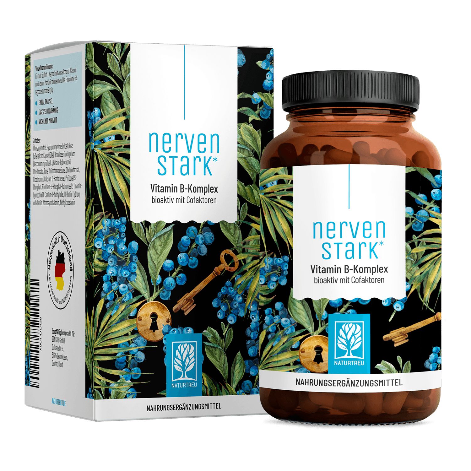 Nervenstark Vitamin B-Komplex Kapseldose und Faltschachtel mit Pflanzenmotiv.