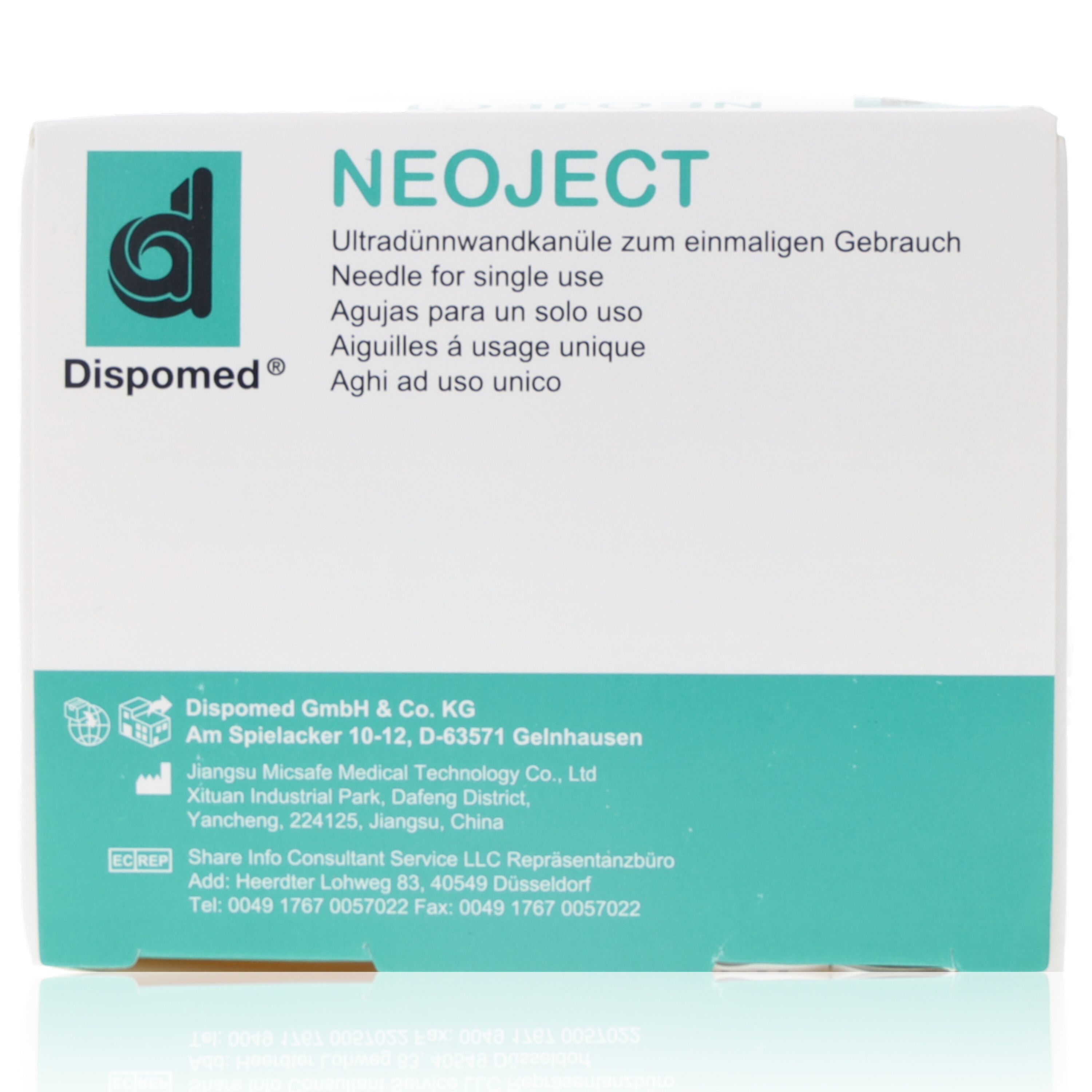 Verpackung von NEOJECT® Ultradünnwandkanülen. Aufdrucke: NEOJECT®, Dispomed, Adresse des Herstellers.
