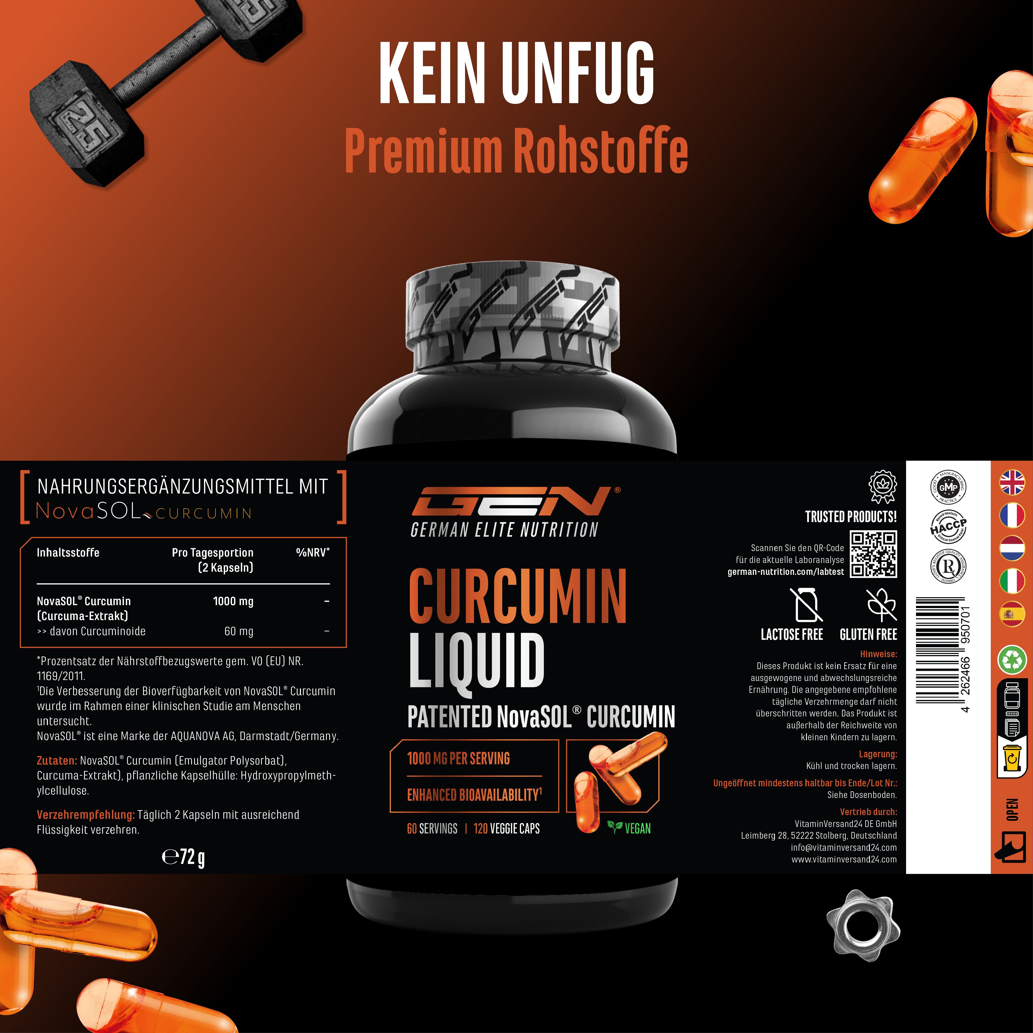 Produktflasche von GEN Curcumin Liquid. Enthält Informationen zu Inhaltsstoffen und Zertifizierungen. Kapseln und Logo sichtbar.