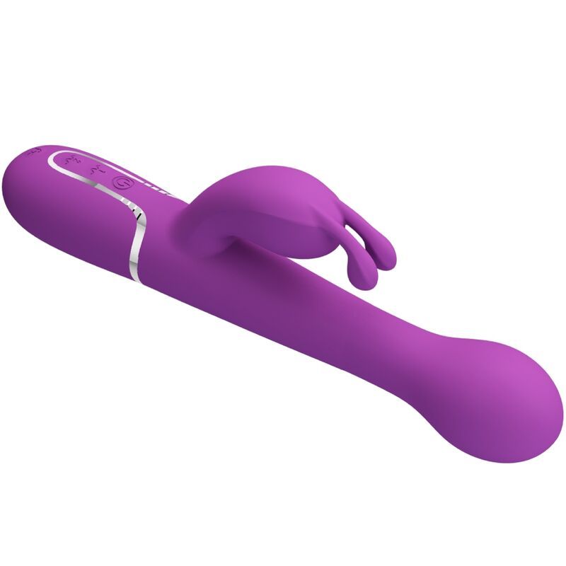 Lila Kaninchen-Vibrator, schräg von der Seite mit silbernen Bedienelementen.