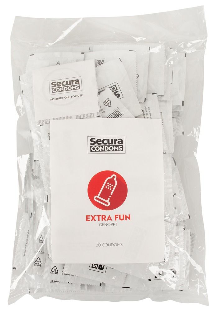 Transparente Verpackung mit Kondomen und einer Broschüre. Logo Secura Condoms. Roter Kreis mit Kondom-Illustration. Aufschrift Extra Fun. 100 Kondome.