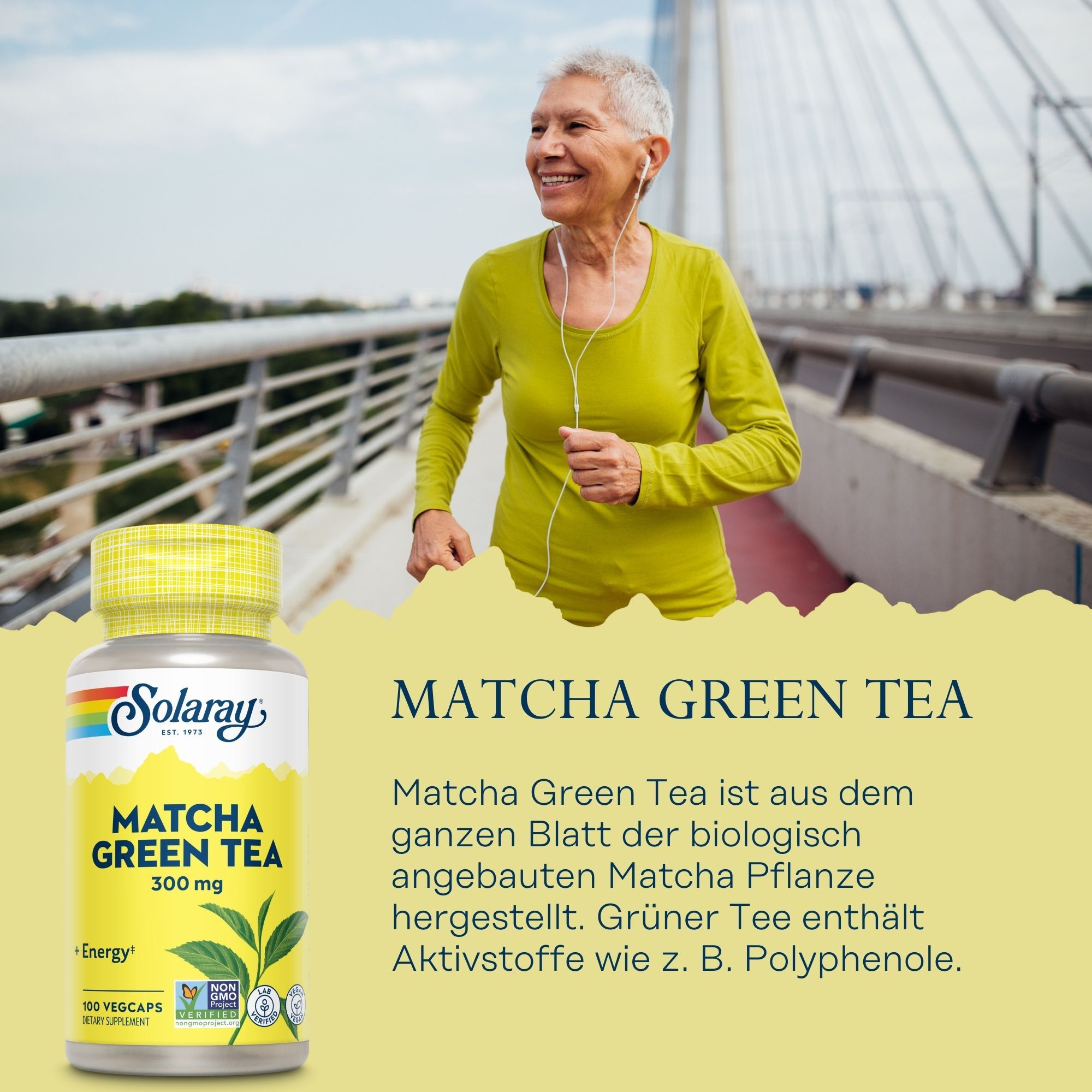 Solaray Matcha Green Tea Flasche. Frau joggt auf Brücke. Text: Matcha Green Tea, 300 mg, 100 Vegcaps.