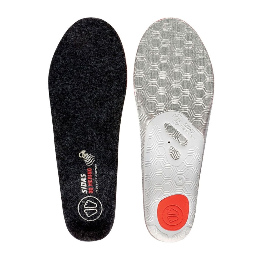 Einlegesohle mit schwarzer Oberseite und weißer Unterseite. Die Oberseite zeigt das Logo und die Aufschrift "SIDAS 3D Merino".