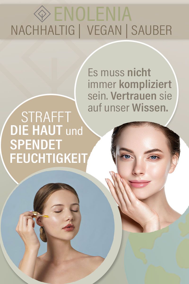 Werbebild mit Produktflasche, Frauen und Text: "STRAFFT DIE HAUT..." und "SPENDET FEUCHTIGKEIT..." auf hellem Hintergrund.