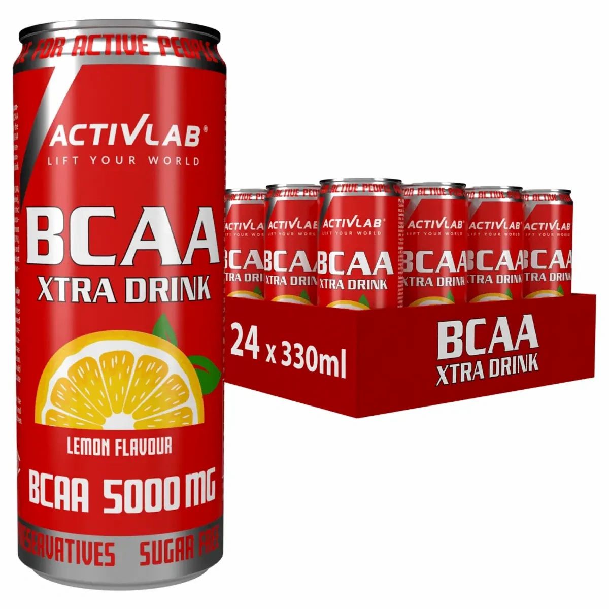 Rote Dose Activlab BCAA Xtra Drink mit Zitrone. Aufschrift BCAA 5000 mg. 24 Dosen in einem Karton.