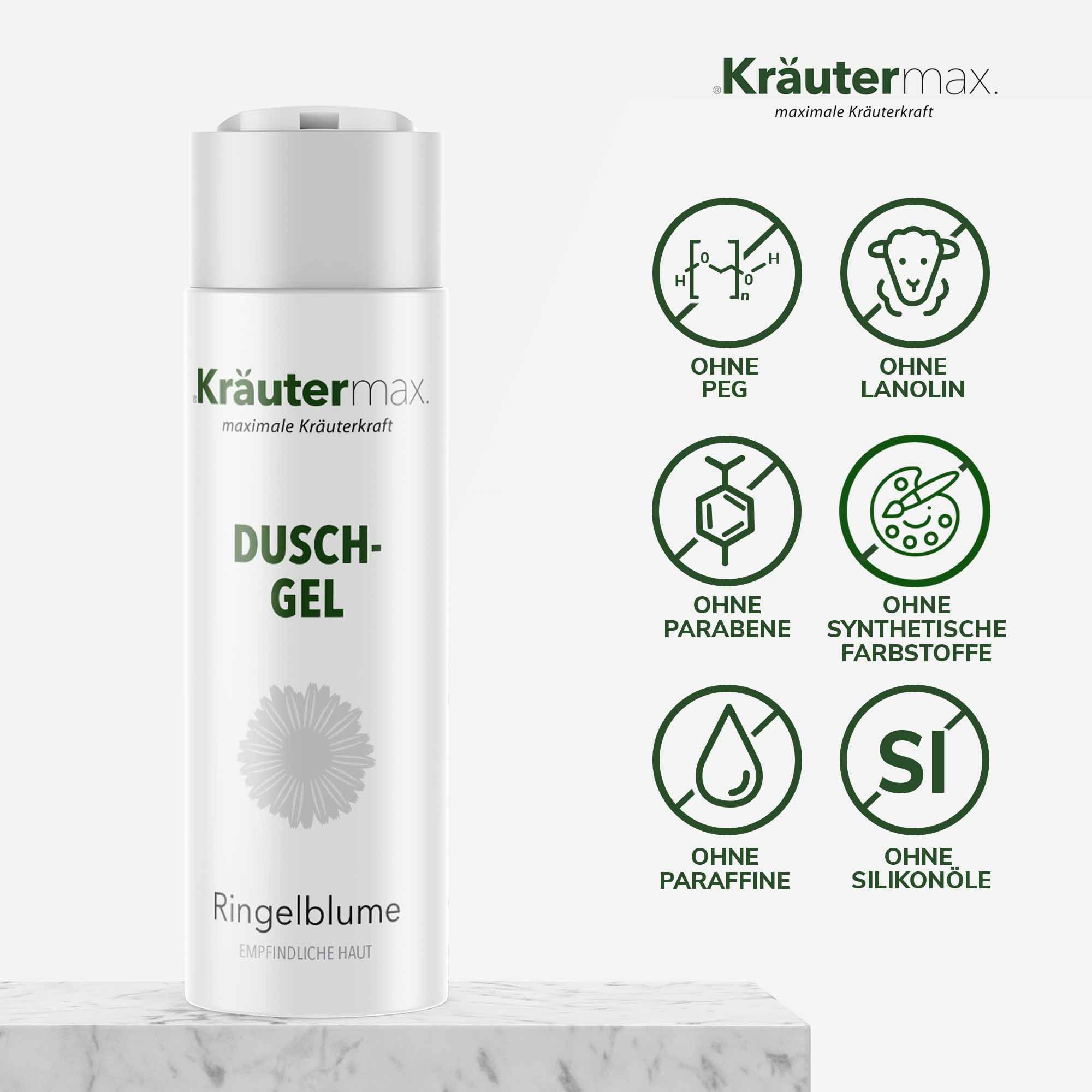 Weißes Duschgel mit Ringelblume-Aufdruck. Text: Kräutermax, Dusch-Gel, Ringelblume, ohne PEG, Lanolin, Parabene, synthetische Farbstoffe, Paraffine, Silikonöle.