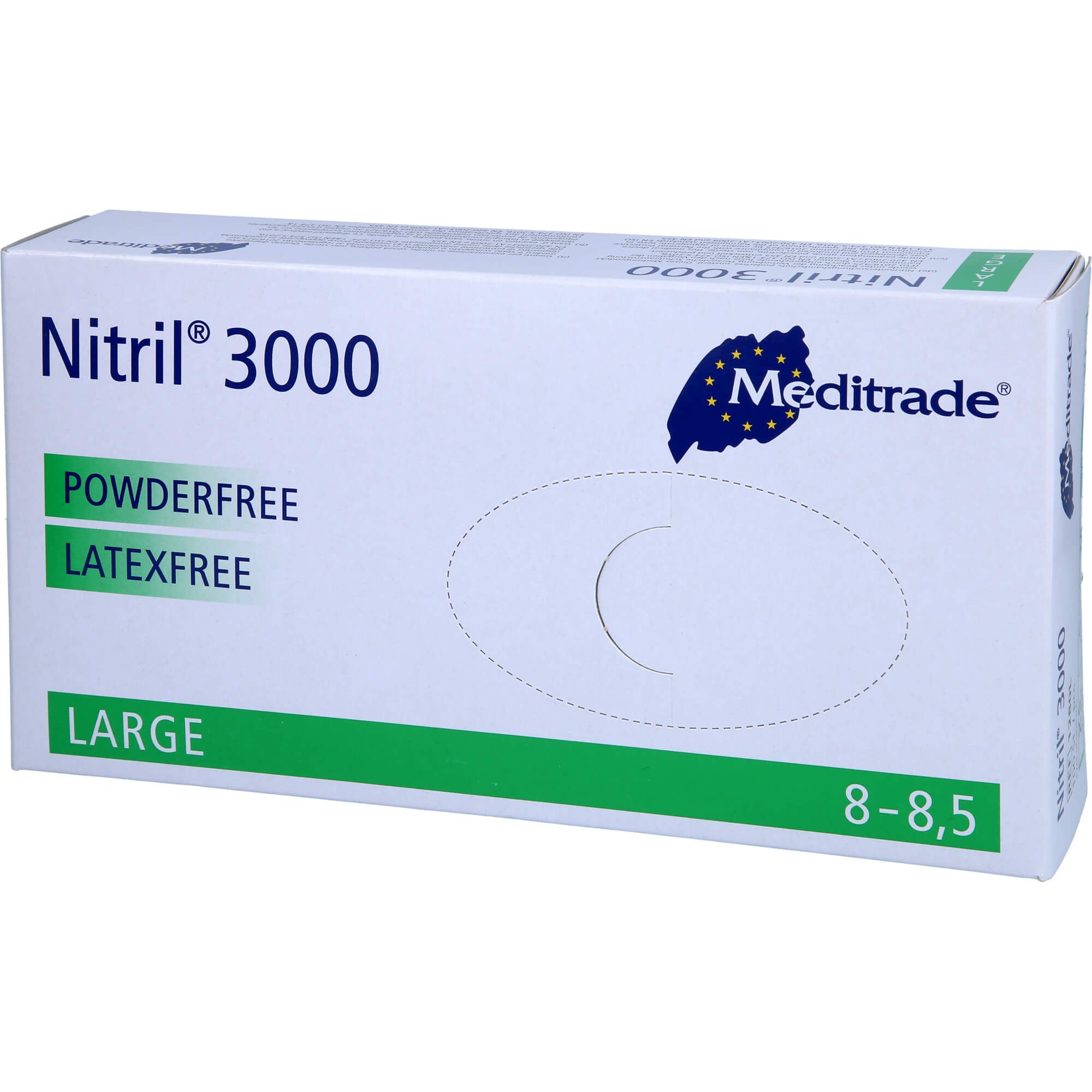 Weißer Karton mit Aufschrift Nitril 3000, Meditrade Logo. Pulverfrei, latexfrei, Größe Large, 8-8,5.