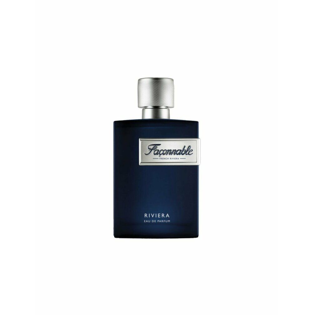Dunkelblaue Flasche mit silbernem Verschluss. Aufschrift: Façonnable Riviera Eau de Parfum.