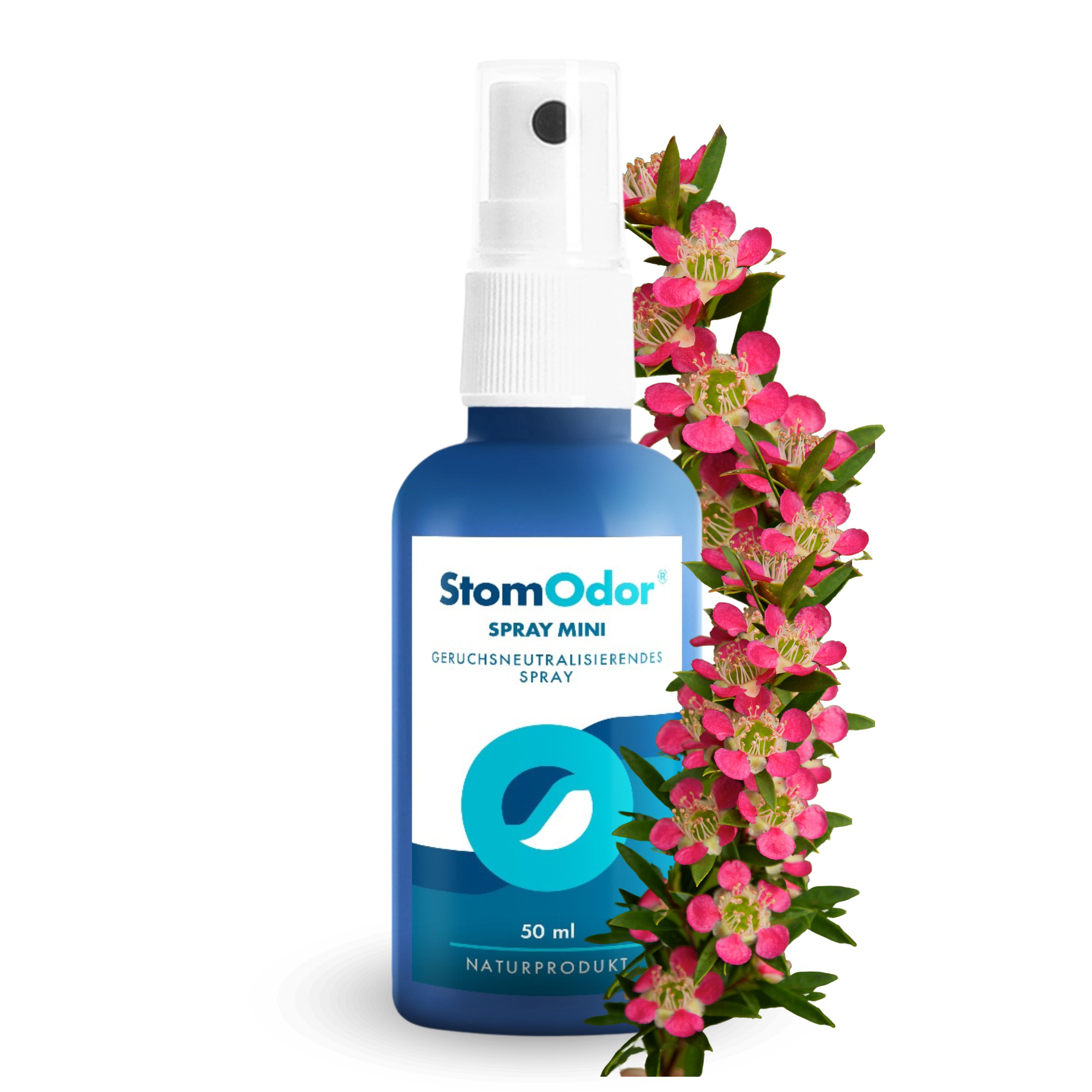 Blaue Sprühflasche mit weißem Sprühkopf. Aufschrift: StomOdor Spray Mini. Geruchsneutralisierendes Spray. Dekoriert mit pinken Blüten.