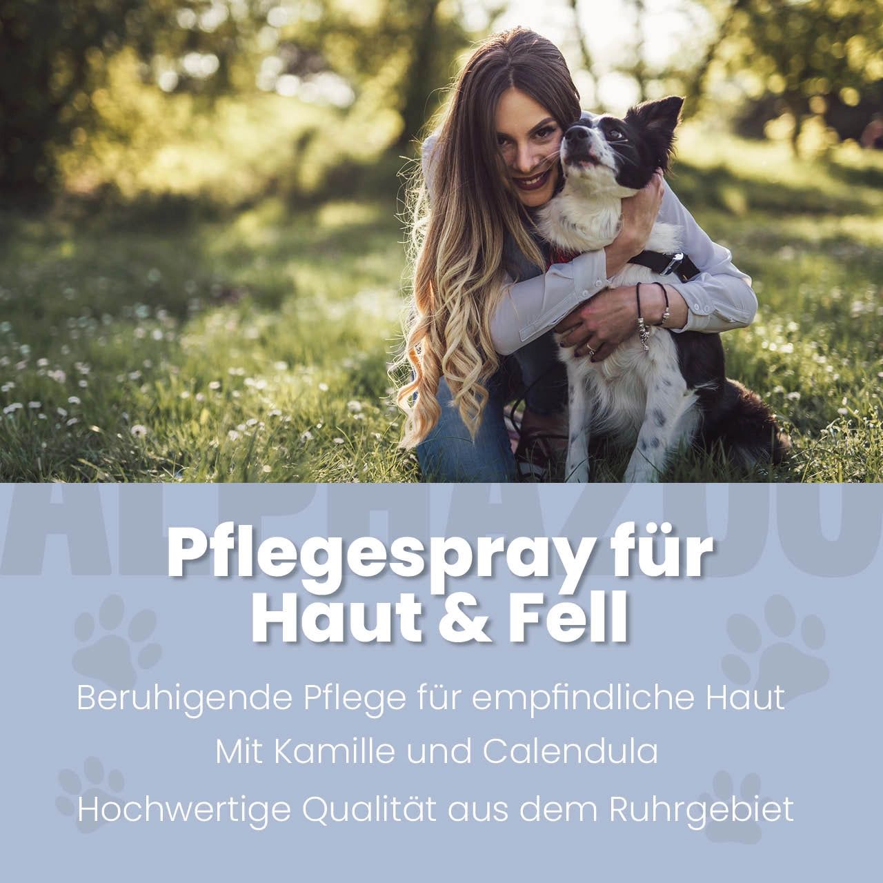 Frau umarmt Hund im Freien. Text: Pflegespray für Haut & Fell. Beruhigende Pflege mit Kamille und Calendula.