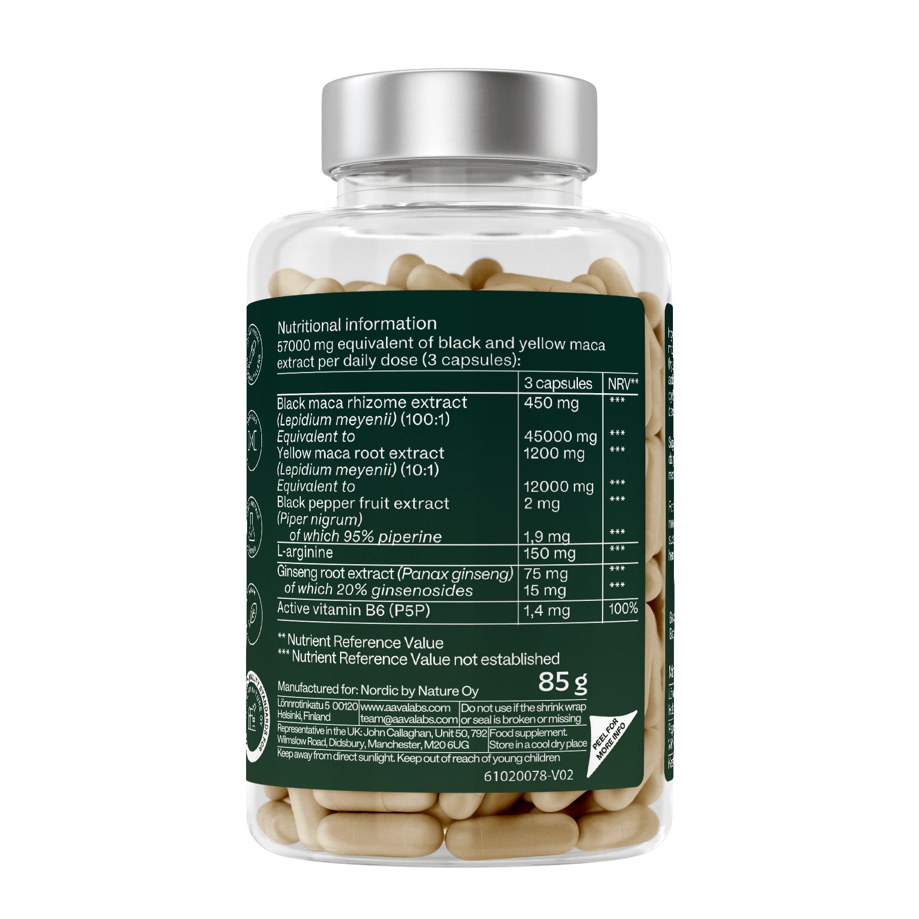 Rückseite der Flasche mit Nährwertangaben. Grünes Etikett mit weißem Text. Enthält Maca-Extrakt, Ginseng.