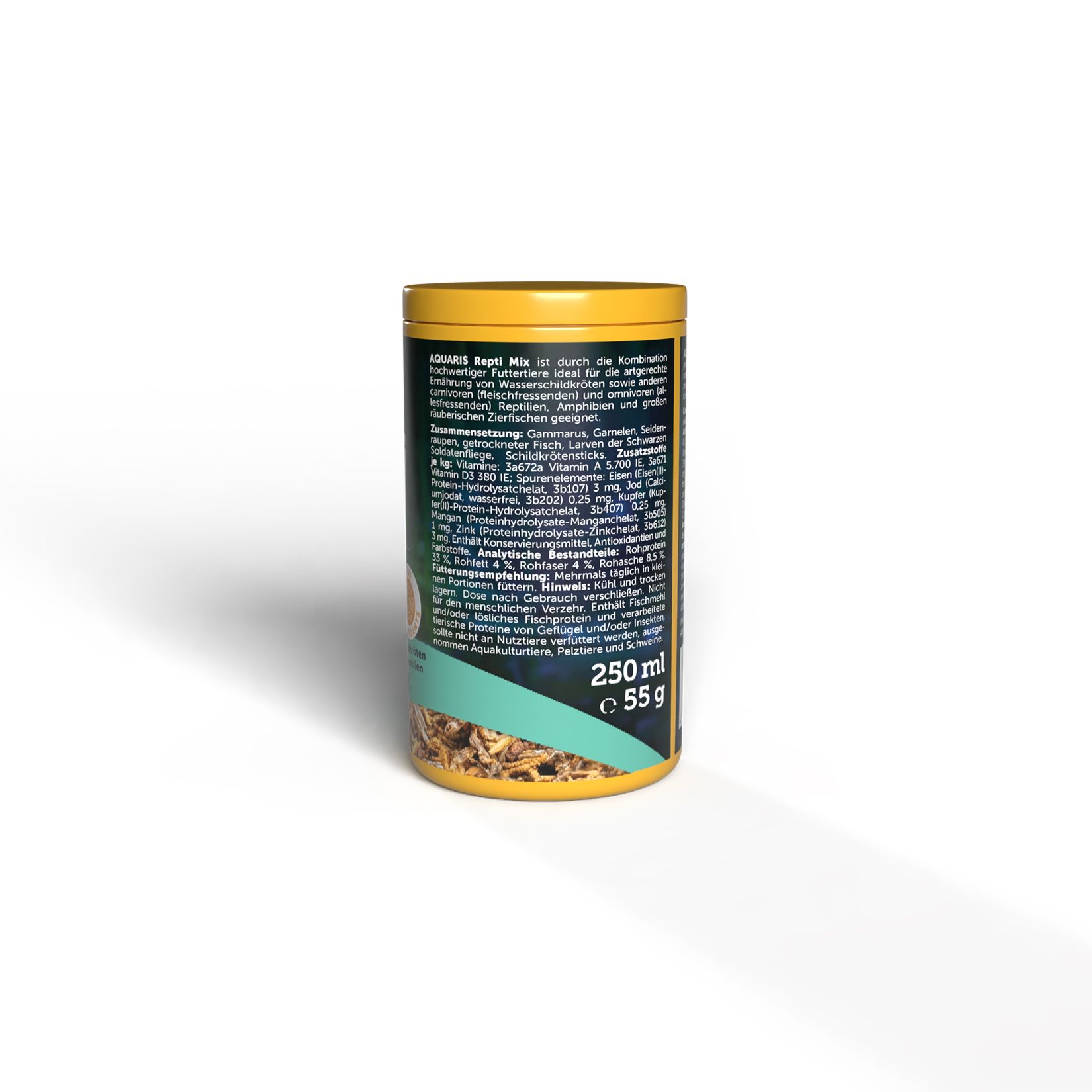 AQUARIS Repti Mix Dose mit gelbem Deckel. Text: 250 ml, 55 g. Aufschrift: AQUARIS, Repti Mix, Schildkröten-Abbildung. Text: Futter für Wasserschildkröten.