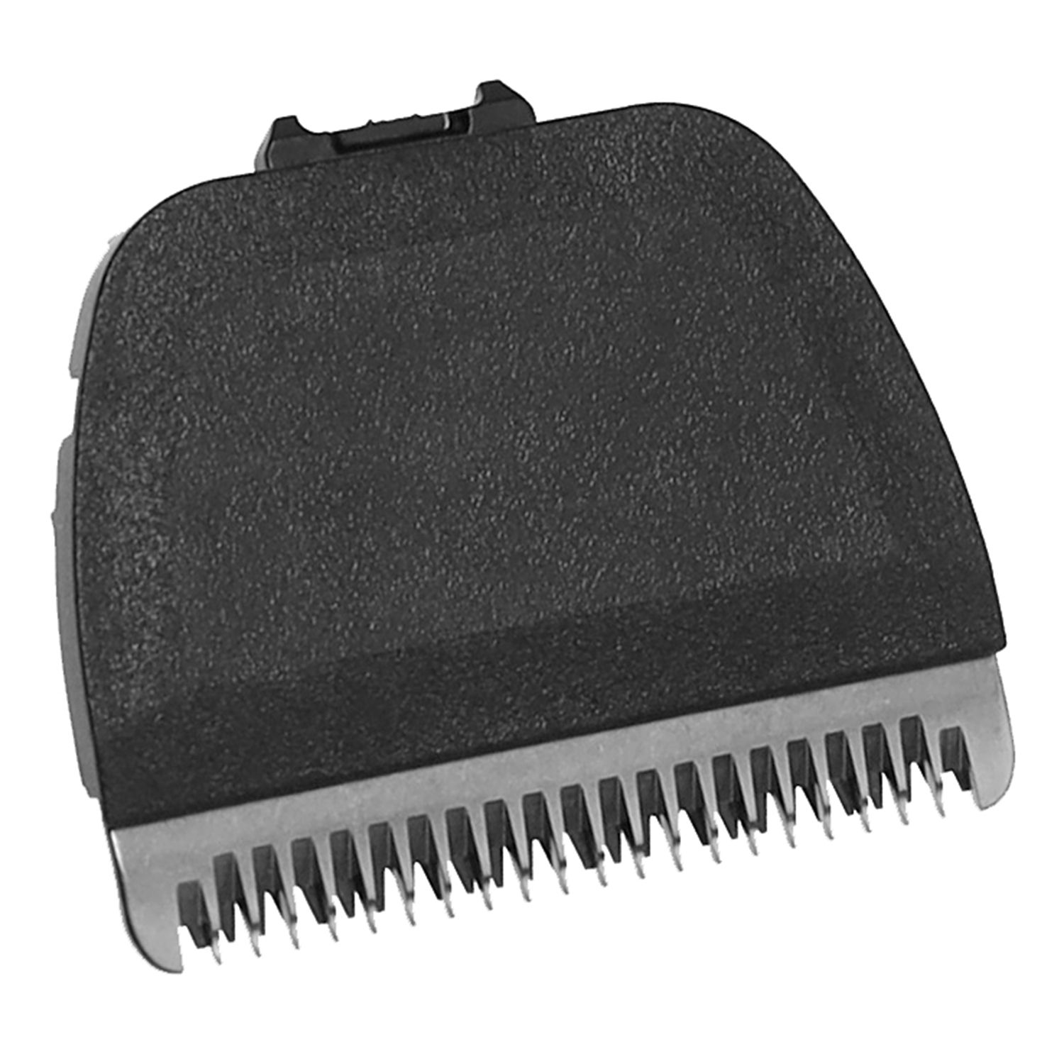 Schwarzer Trimmerkopf mit Metallklingen. Oberseite aus Kunststoff, Unterseite mit feinen Zähnen. Für Herren-Haarentfernung.