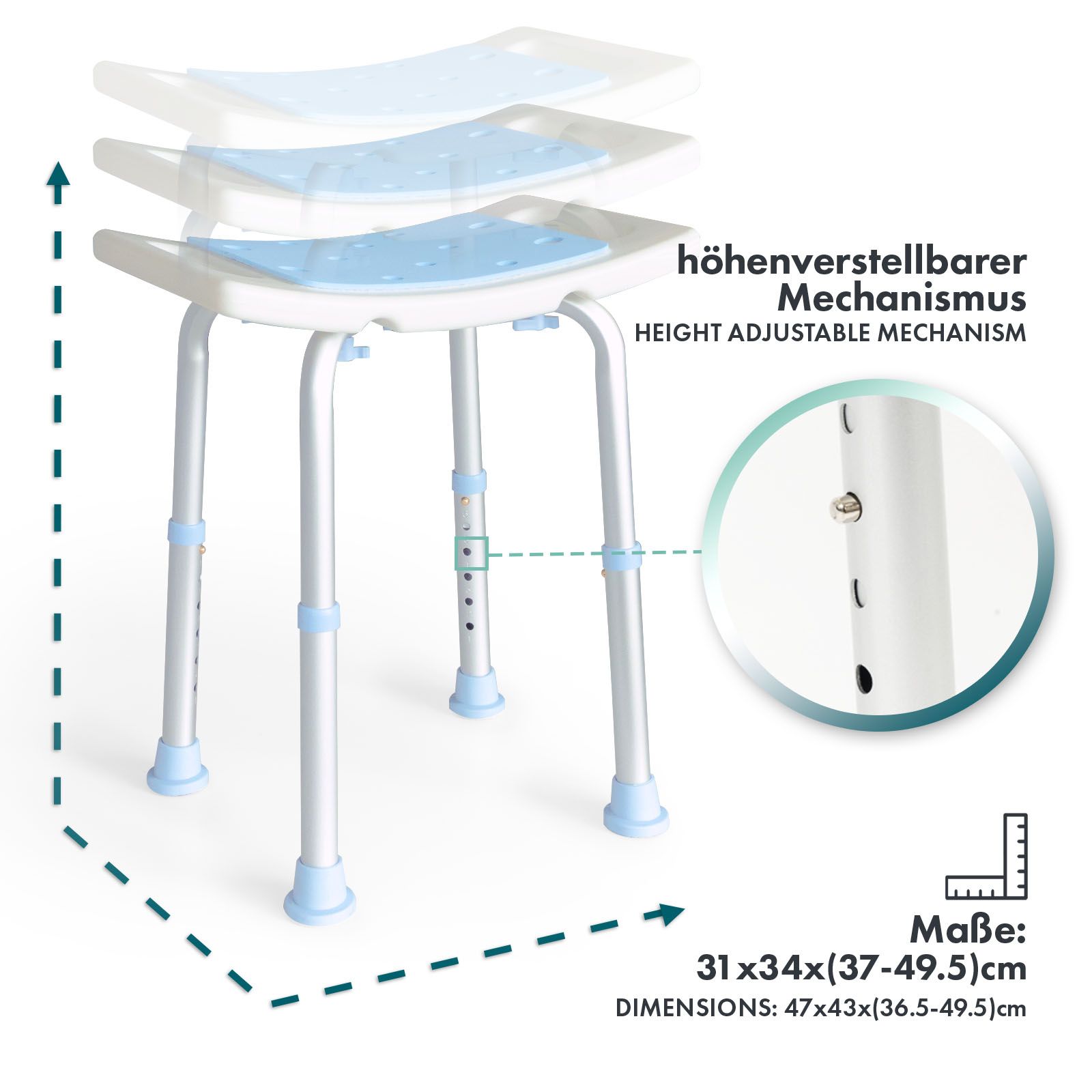 Höhenverstellbarer Duschhocker mit blauem Sitz. Maße: 31x34x(37-49.5)cm. Höhenverstellbar. Anti-Rutsch-Gummifüße.