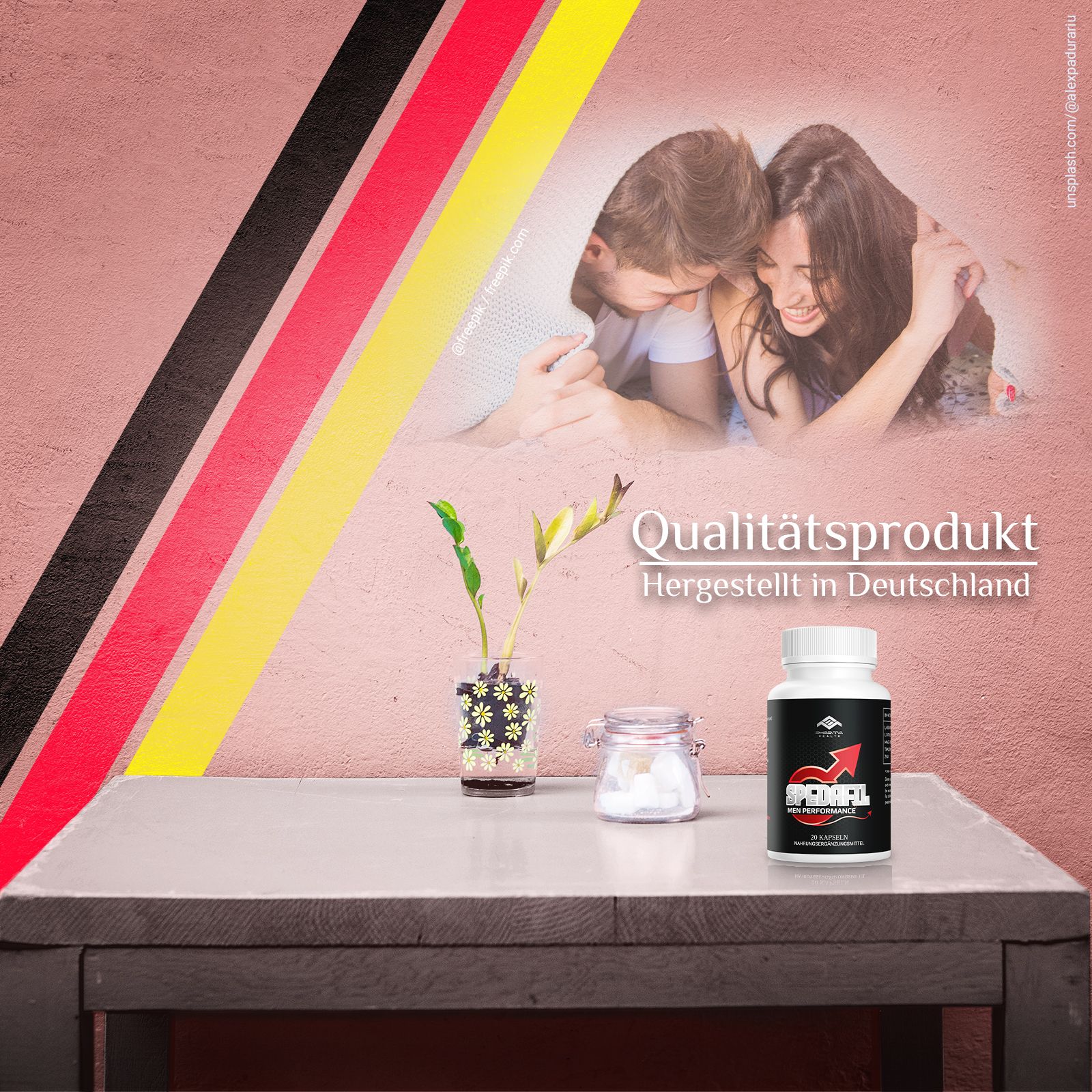 Weiße Flasche mit schwarzem Etikett. Roter Pfeil und Schriftzug Spedafil Men Performance. 20 Kapseln. Nahrungsergänzungsmittel.