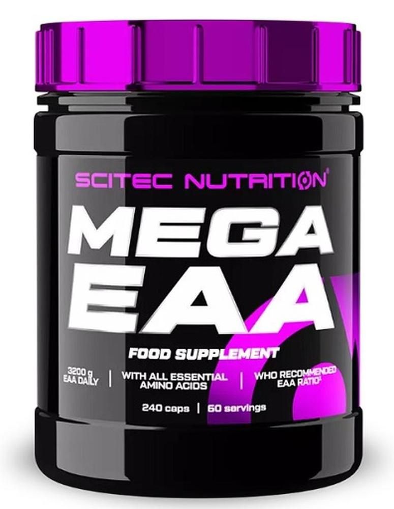 Schwarze Dose mit lila Deckel. Aufschrift: Scitec Nutrition Mega EAA. Enthält 240 Kapseln. Nahrungsergänzungsmittel mit Aminosäuren.