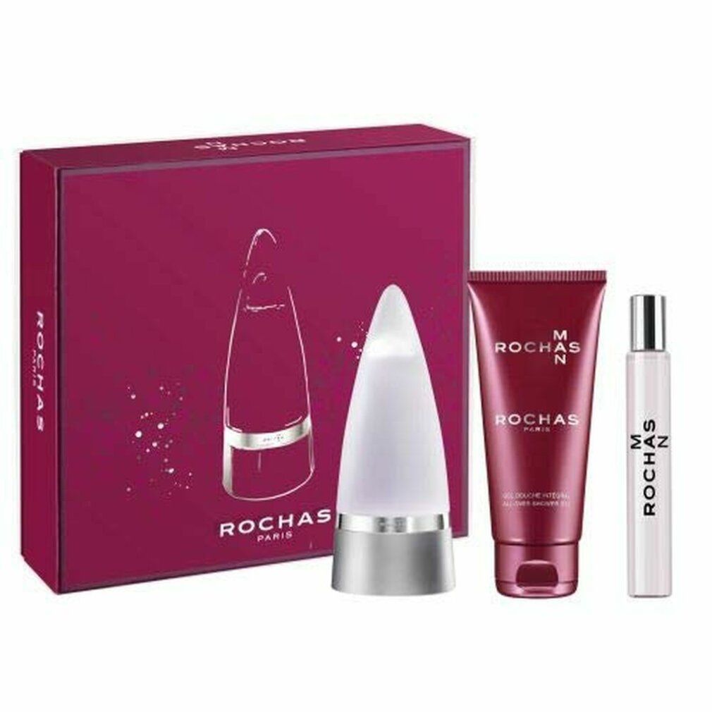 Drei-Artikel-Set in einer roten Schachtel. Enthält Flakon, Zerstäuber und Duschgel. Text: Rochas Man.