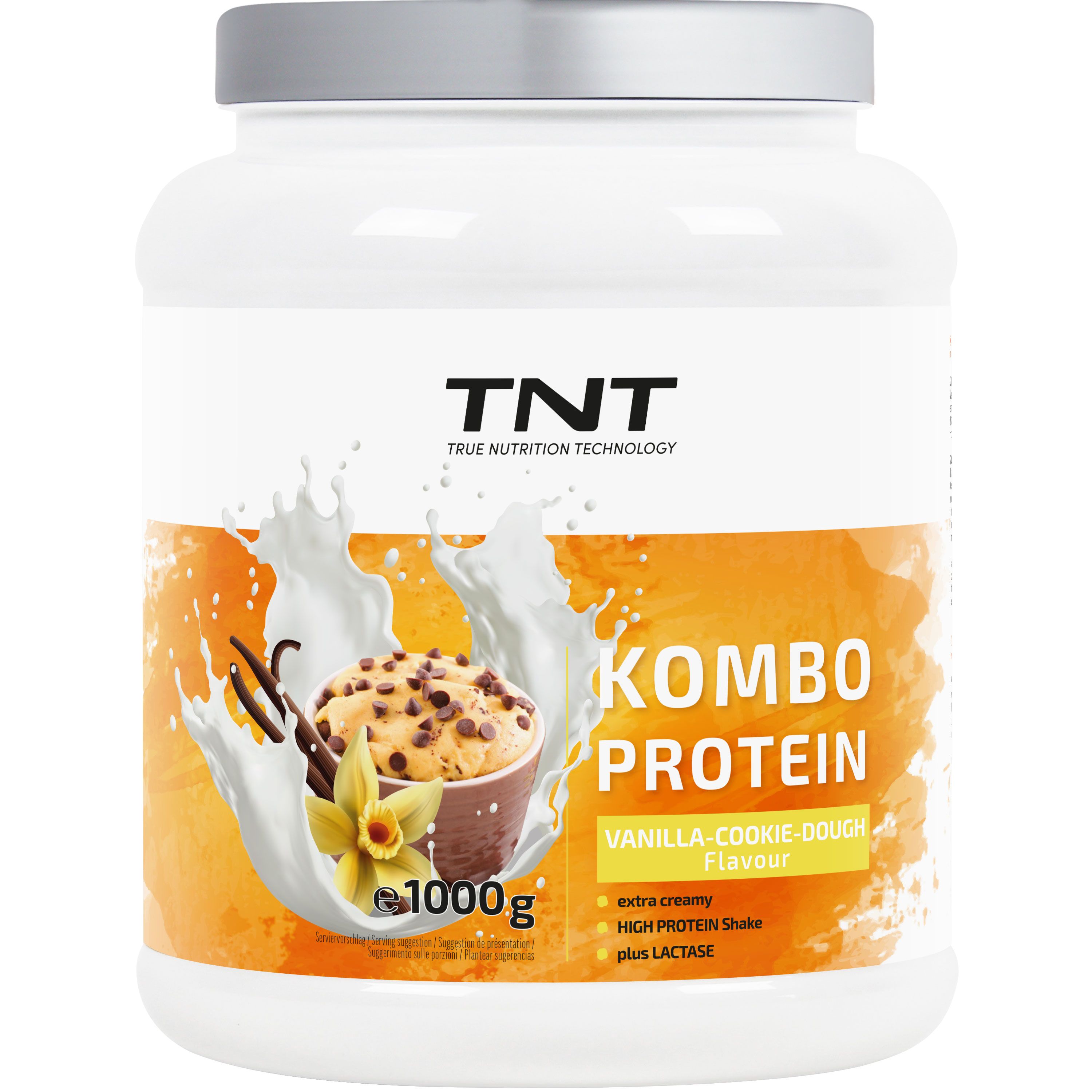 Weißer Behälter mit TNT Kombo Protein, 1000g. Aufdruck: Kombo Protein, Vanilla Cookie Dough. Abbildung: Vanille, Milchspritzer, Kuchen.