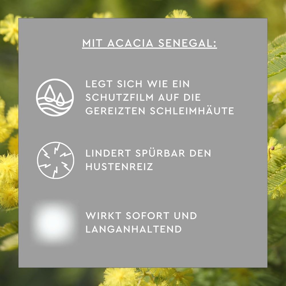 Textfeld mit Icons und Text: Mit Acacia Senegal: Legt sich wie ein Schutzfilm auf die gereizten Schleimhäute. Lindert Hustenreiz.