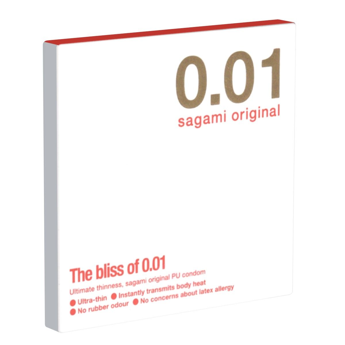 Verpackung von Sagami Original 0.01 Kondomen. Zeigt '0.01' und 'sagami original'.