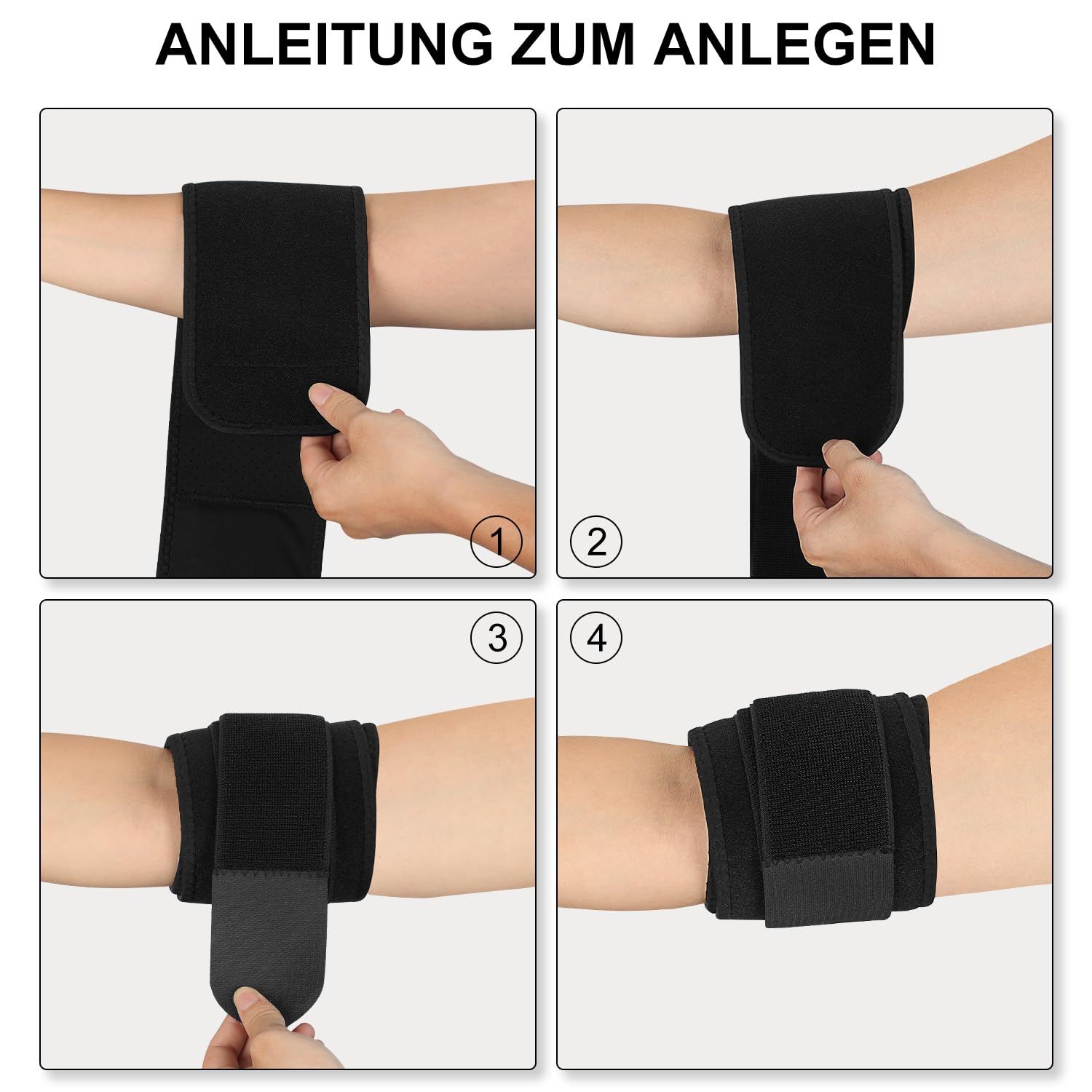 Anleitung zum Anlegen einer Ellbogenbandage in vier Schritten.