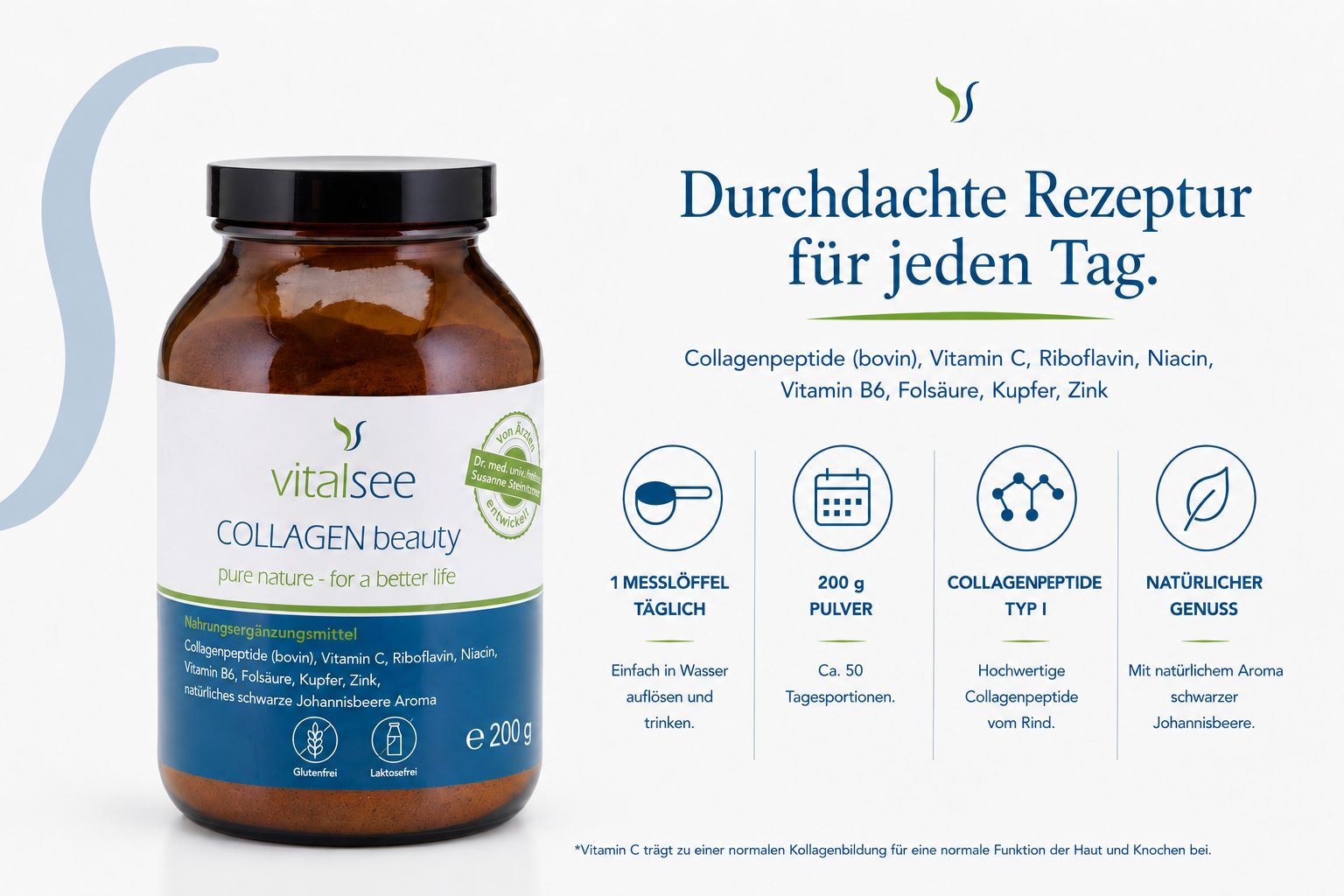Braunglasflasche mit Vitalsee Collagen Beauty, Etikett mit Produktinformationen und Anwendungshinweisen.