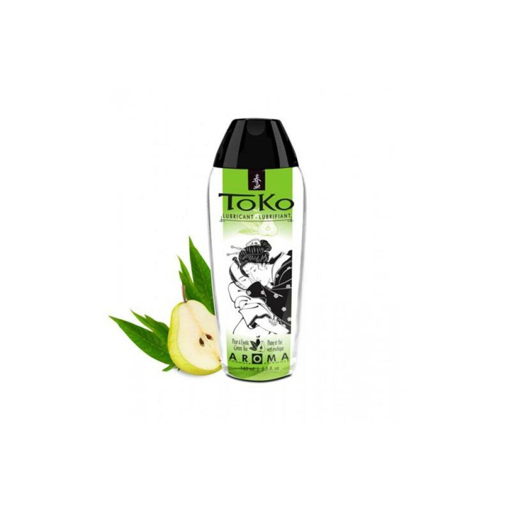 Toko Aroma Gleitmittel mit Birne & exotischem Grüntee. Transparente Flasche mit schwarzem Verschluss.