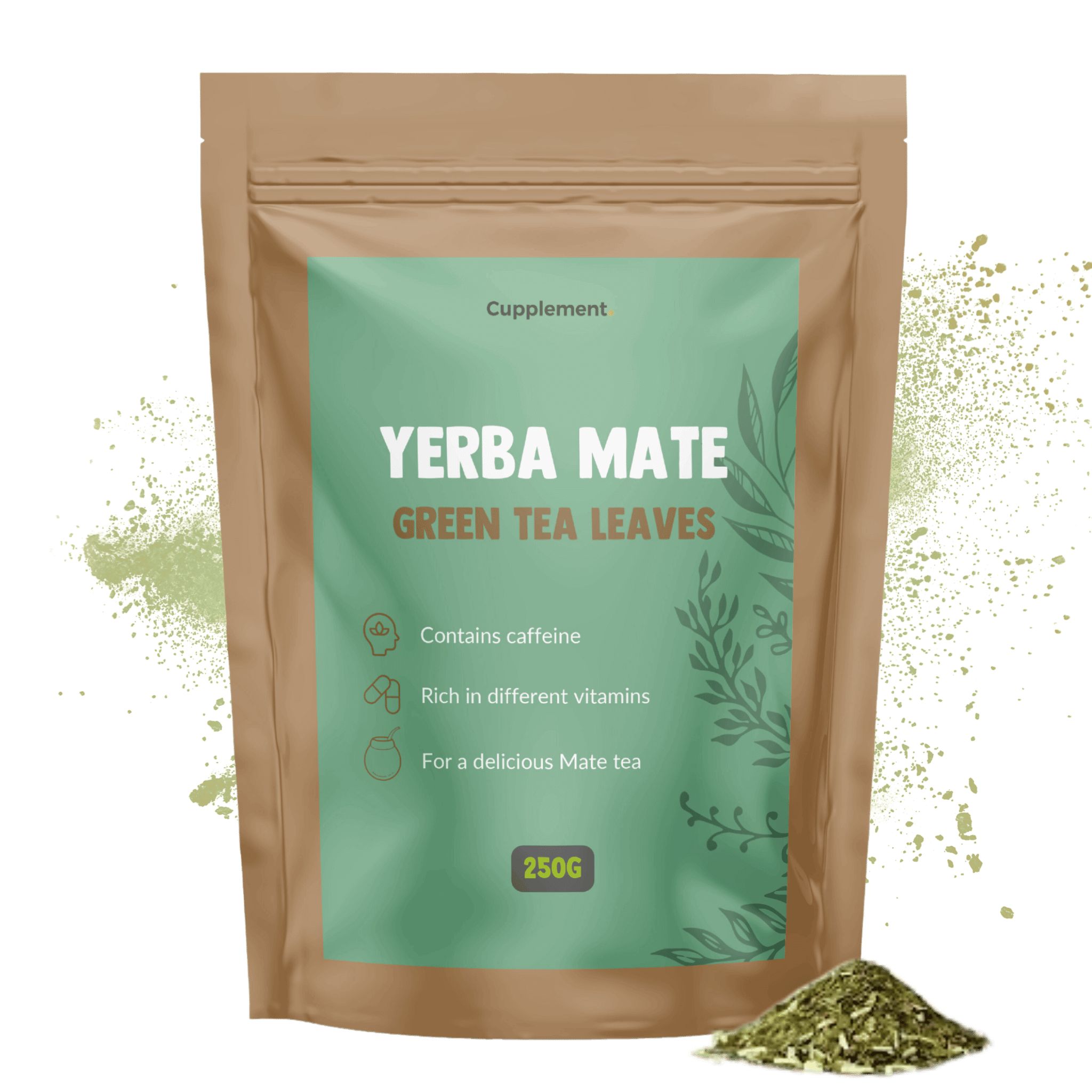 Beutel mit Yerba Mate Tee. Aufschrift: Yerba Mate, Green Tea Leaves. Enthält Koffein, reich an Vitaminen, für Mate-Tee.