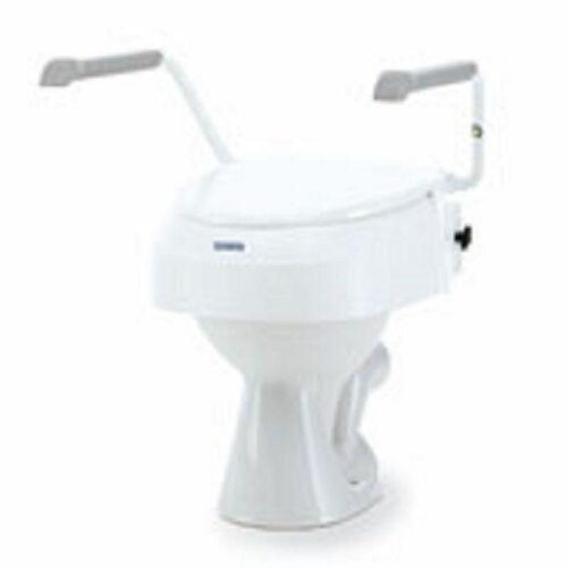 Toilettensitzerhöhung mit Armlehnen, weiß. Graue Armlehnen. Erhöhte Sitzposition.