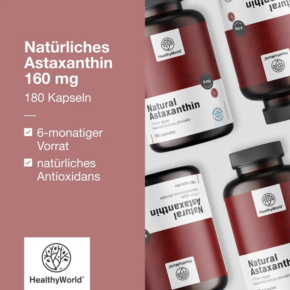 Mehrere Flaschen mit Kapseln. Aufschrift: Natürliches Astaxanthin 160 mg, 180 Kapseln. Marke: HealthyWorld.