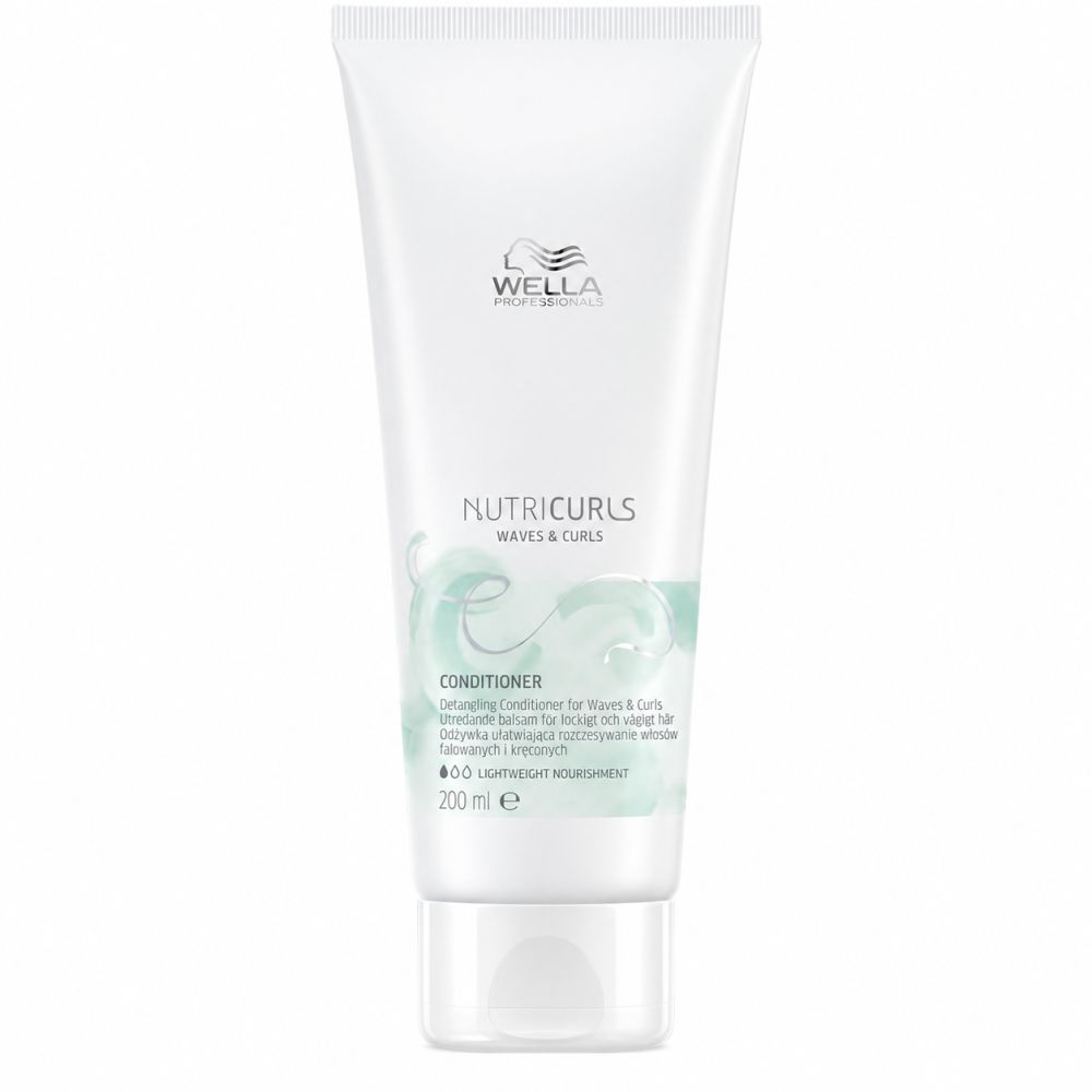 Wella Nutricurls Conditioner Tube für lockiges Haar. Weiß mit türkisfarbenen Akzenten.