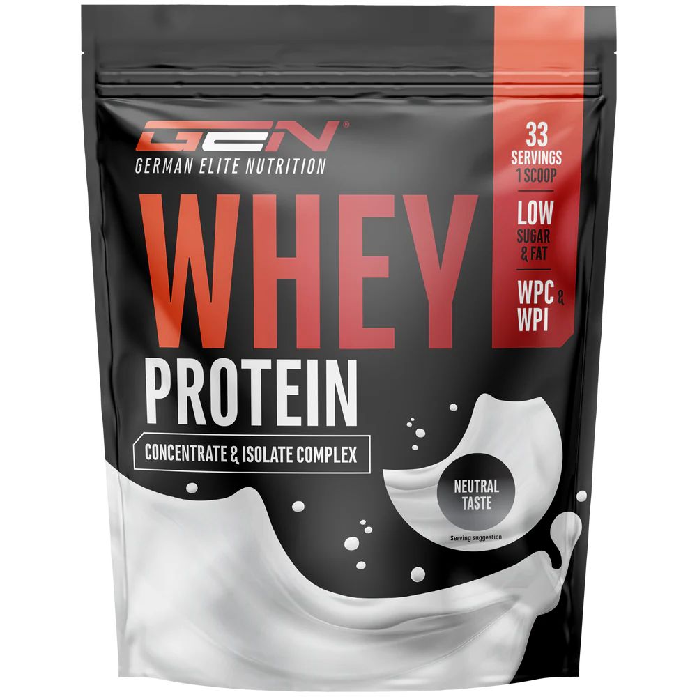 GEN Whey Protein Komplex-Verpackung. Schwarzer Beutel mit rotem Logo und Text: Whey Protein, Concentrate & Isolate Complex, Neutral Taste.