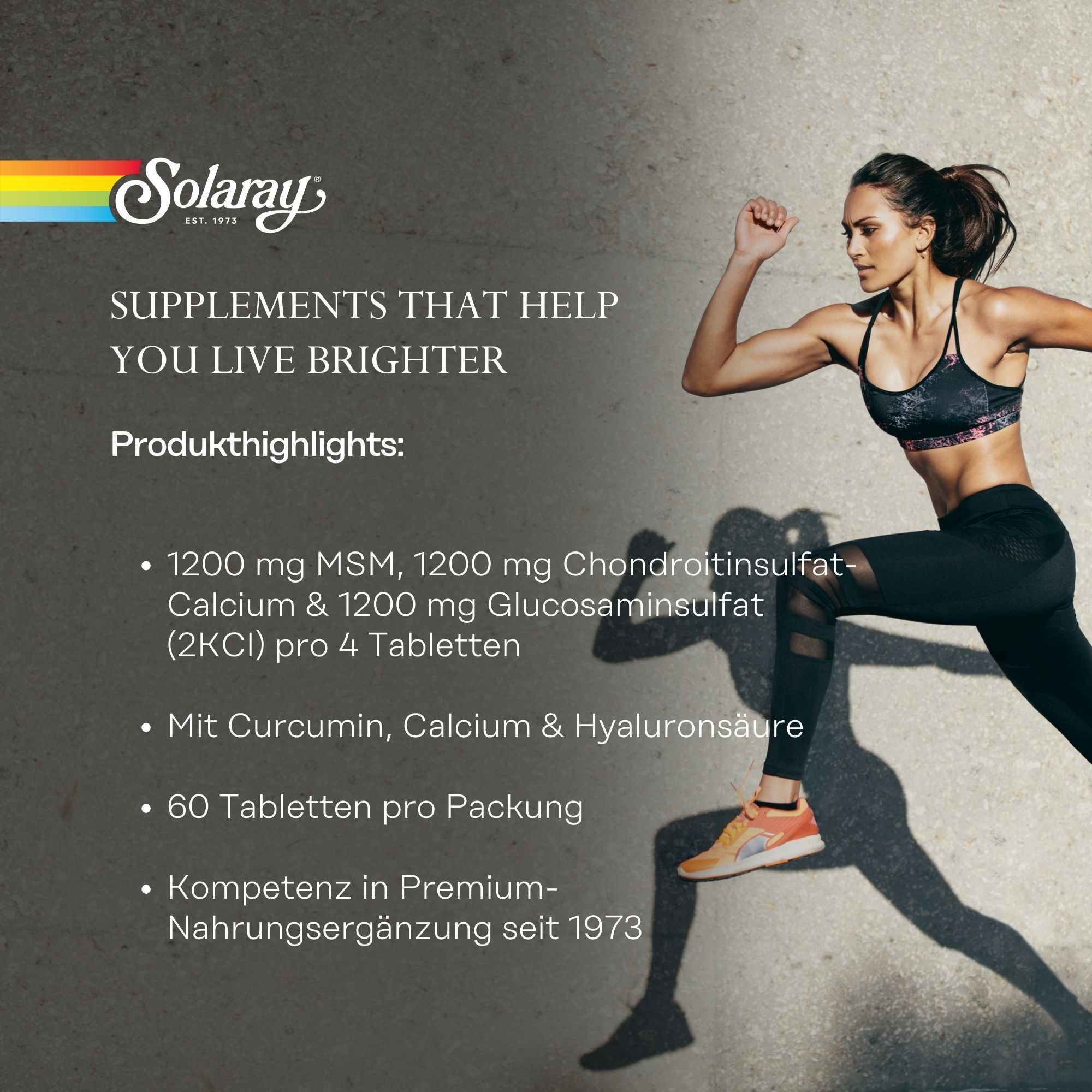 Solaray-Produkt. Text: Supplements that help you live brighter. Produkt-Highlights: 1200 mg MSM, Chondroitinsulfat, Calcium & Glucosaminsulfat.