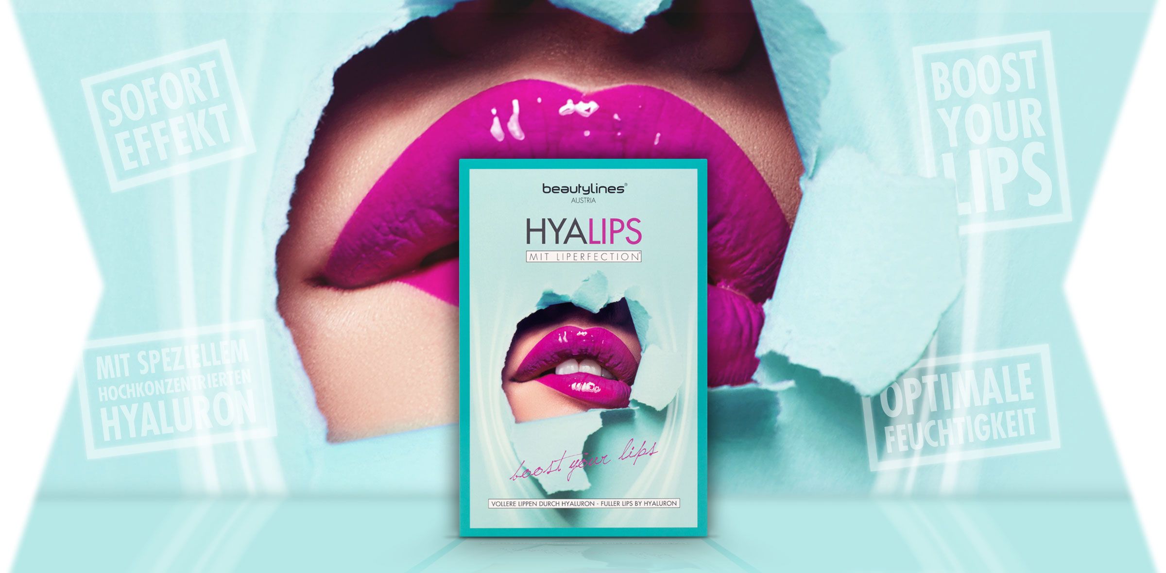 HYALIPS Box, abgebildet vor einem Hintergrund mit Lippen. Text: SOFORT EFFEKT, MIT SPENDENDER HYALURON, BOOST YOUR LIPS, OPTIMALE FEUCHTIGKEIT.