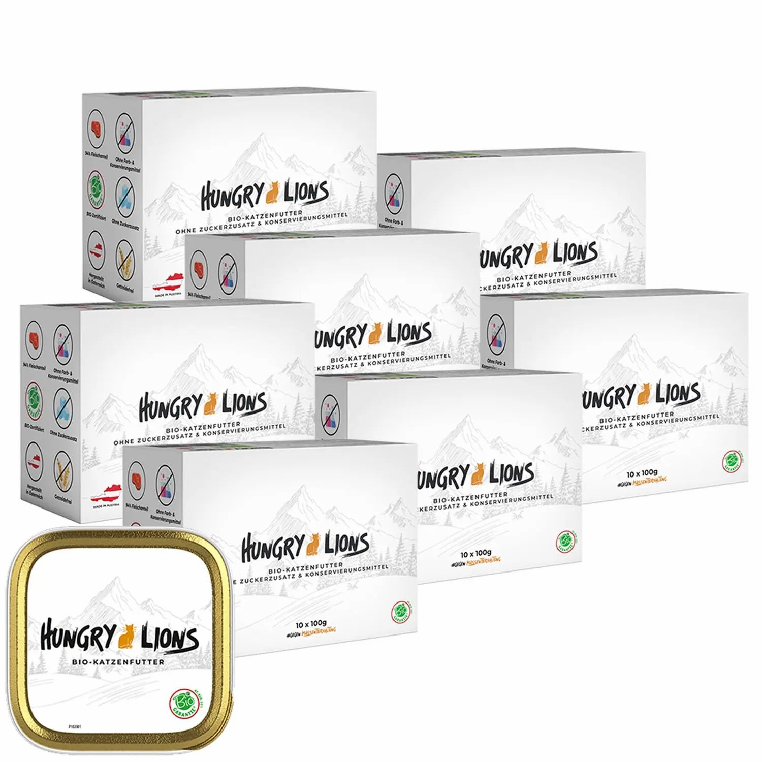 Zwei Packungen "Hungry Lions" Bio-Katzenfutter, eine Dose vorne.