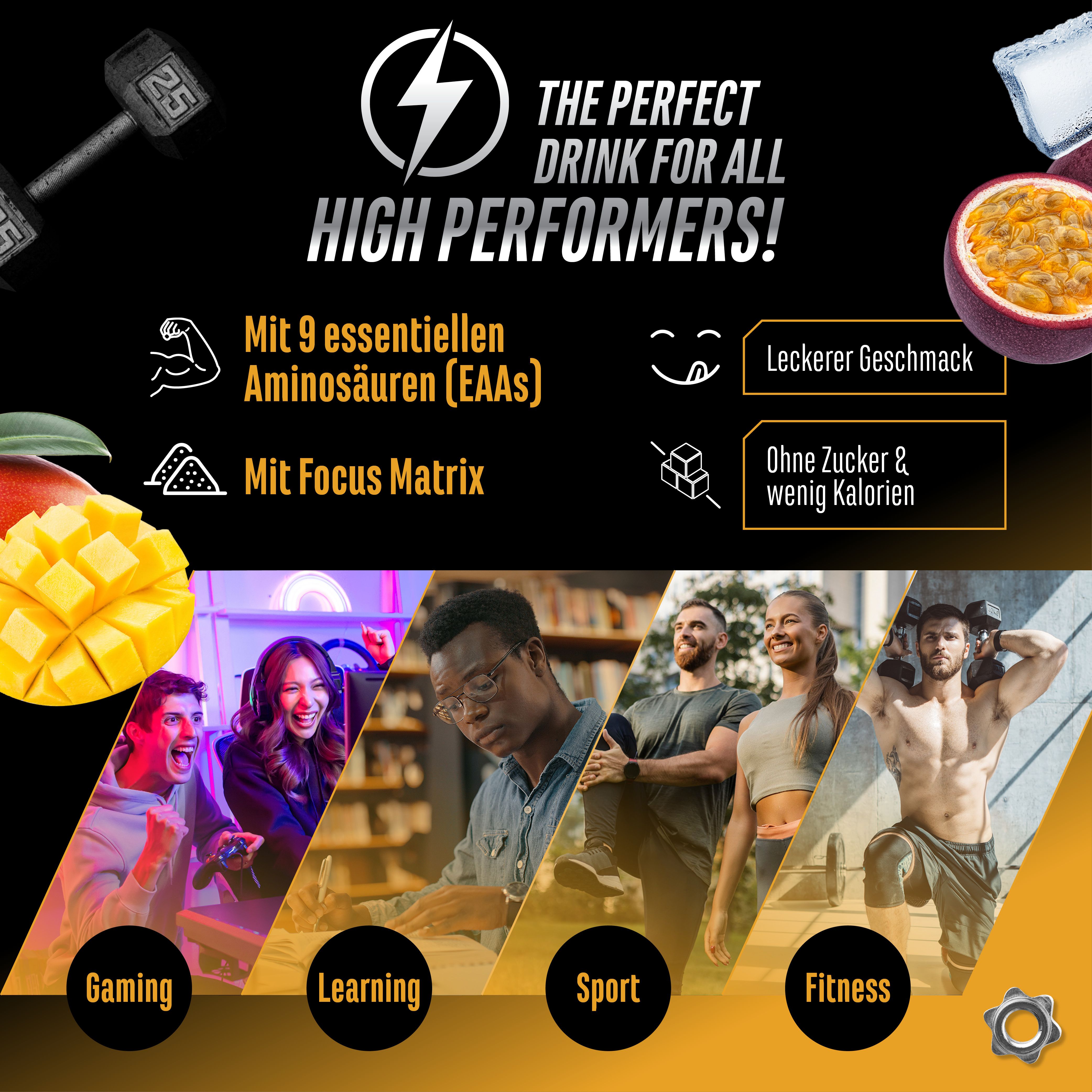 Werbebild für Energy EAA.  Enthält Informationen über die Vorteile, wie 9 essentielle Aminosäuren, Focus Matrix und Geschmack.