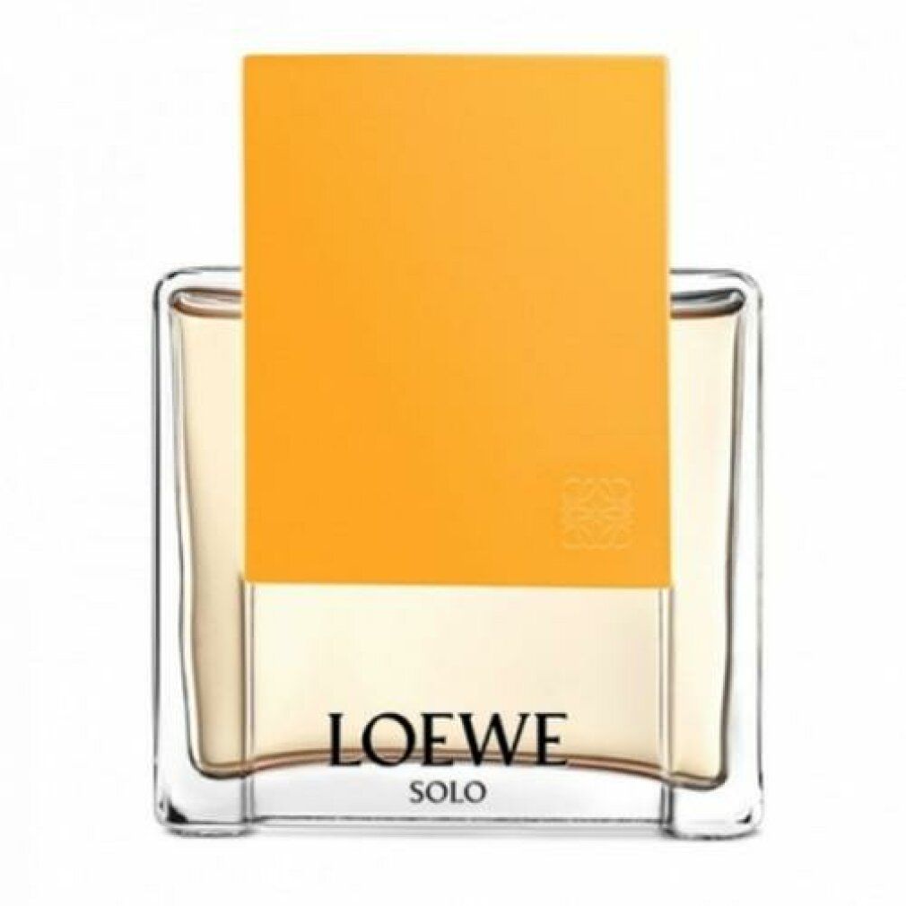 Glasflakon mit gelber Flüssigkeit. Rechteckiger Deckel. Auf dem Flakon: LOEWE SOLO. Logo auf dem Deckel.