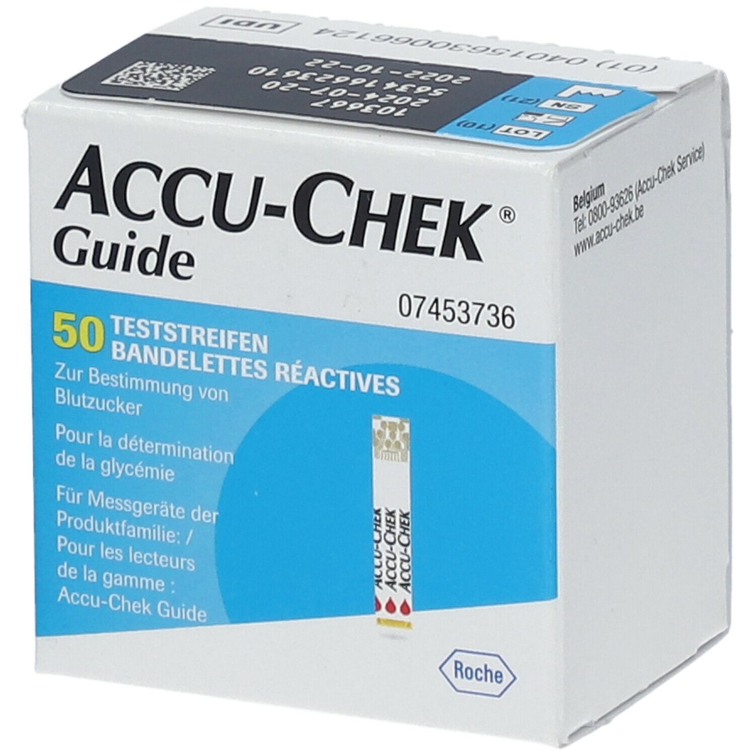 Verpackung von ACCU-CHEK Guide Teststreifen. Enthält 50 Teststreifen. Weiße und blaue Schachtel mit Produktnamen und Logo.