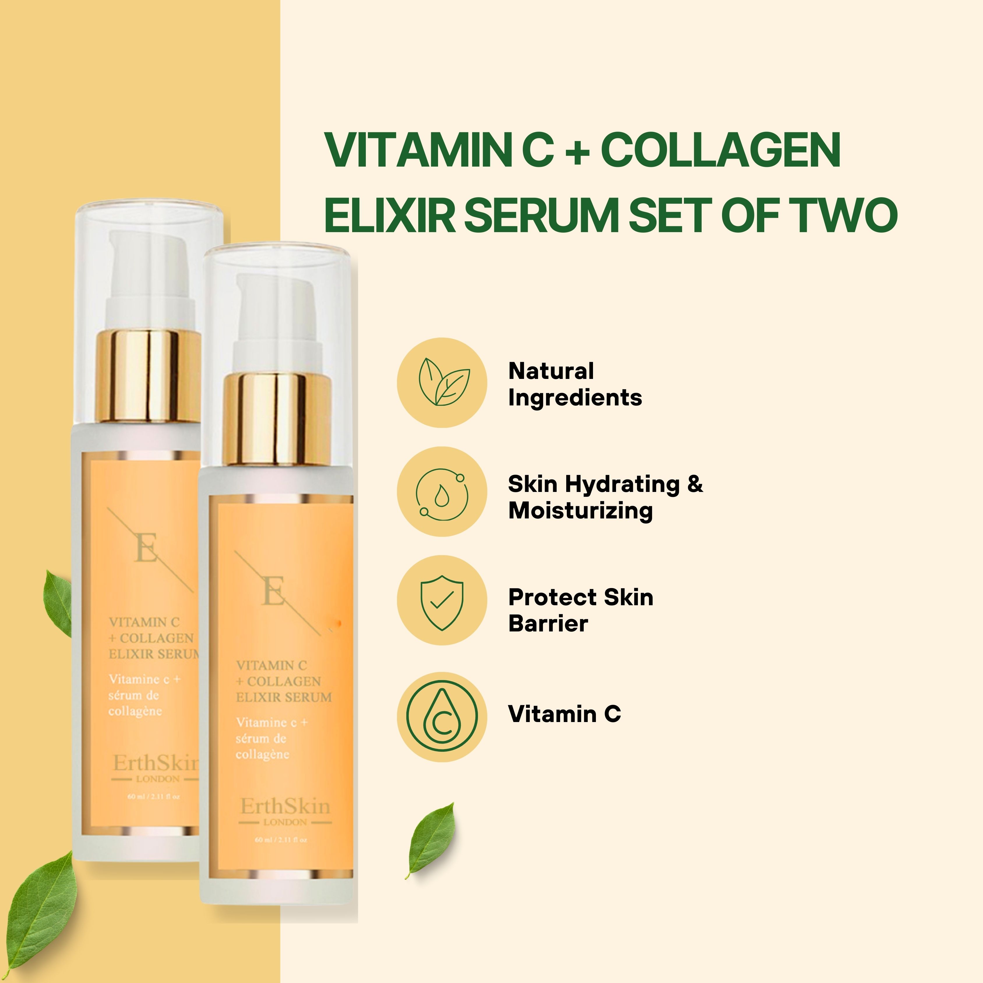Zwei Serumflaschen mit goldfarbenen Pumpköpfen und Etiketten. Text: Vitamin C + Kollagen Elixir Serum. Zusätzliche Symbole und Text.