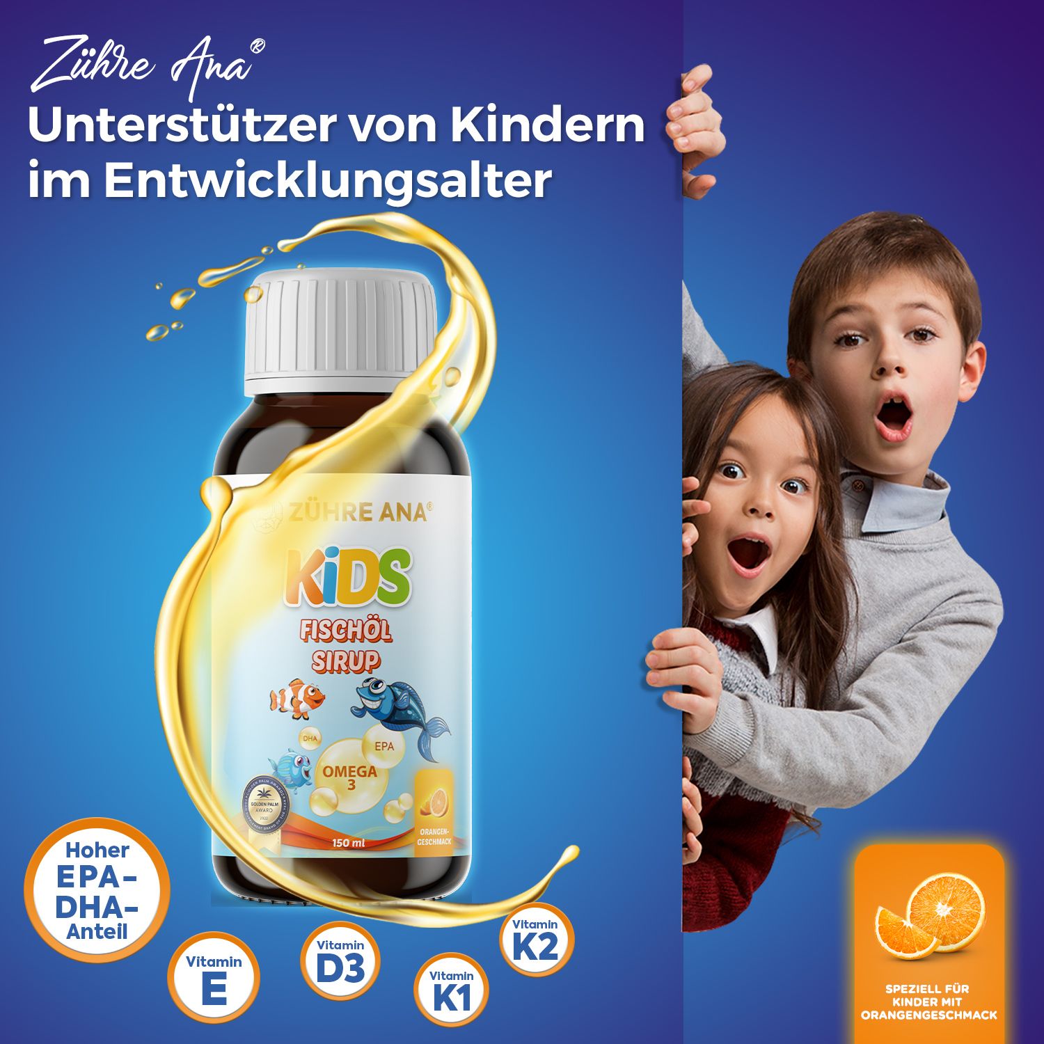Fischöl-Sirup-Flasche und Kinder. Enthält Omega-3, Vitamin E, D3, K1, K2. Speziell für Kinder mit Orangengeschmack.