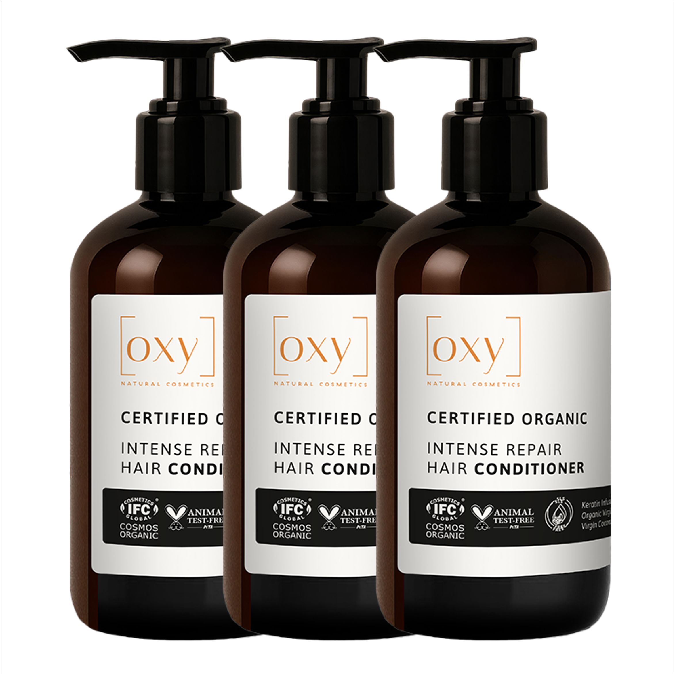 Drei Flaschen Haarspülung mit schwarzem Pumpverschluss. Aufschrift: INTENSE REPAIR HAIR CONDITIONER.